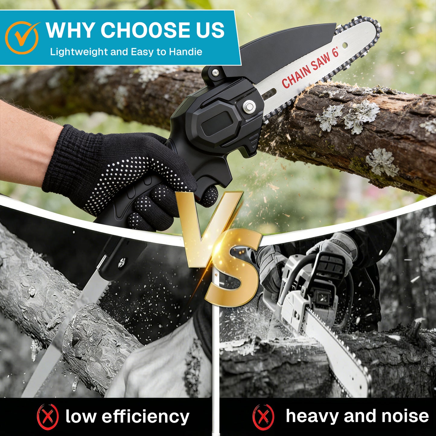 BN-LINK Mini Chainsaw,Lightweight Electric Pruning Saw Cordless,Hand Saw with 2 Batteries,Garden Tool Tree Wood Cutting