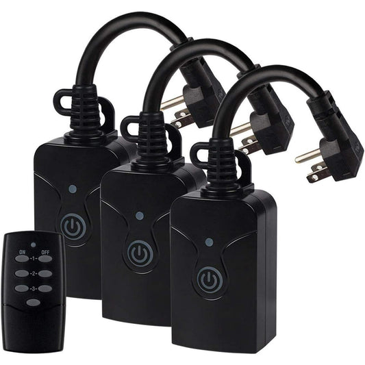 HBN Outdoor Indoor Wireless Remote Control 3-Prong Outlet Weatherproof Heavy Duty 15 A Compact 1 Remote 3 Outlets with Remote 6-inch Cord 100ft Range ETL Listed (Battery Included)