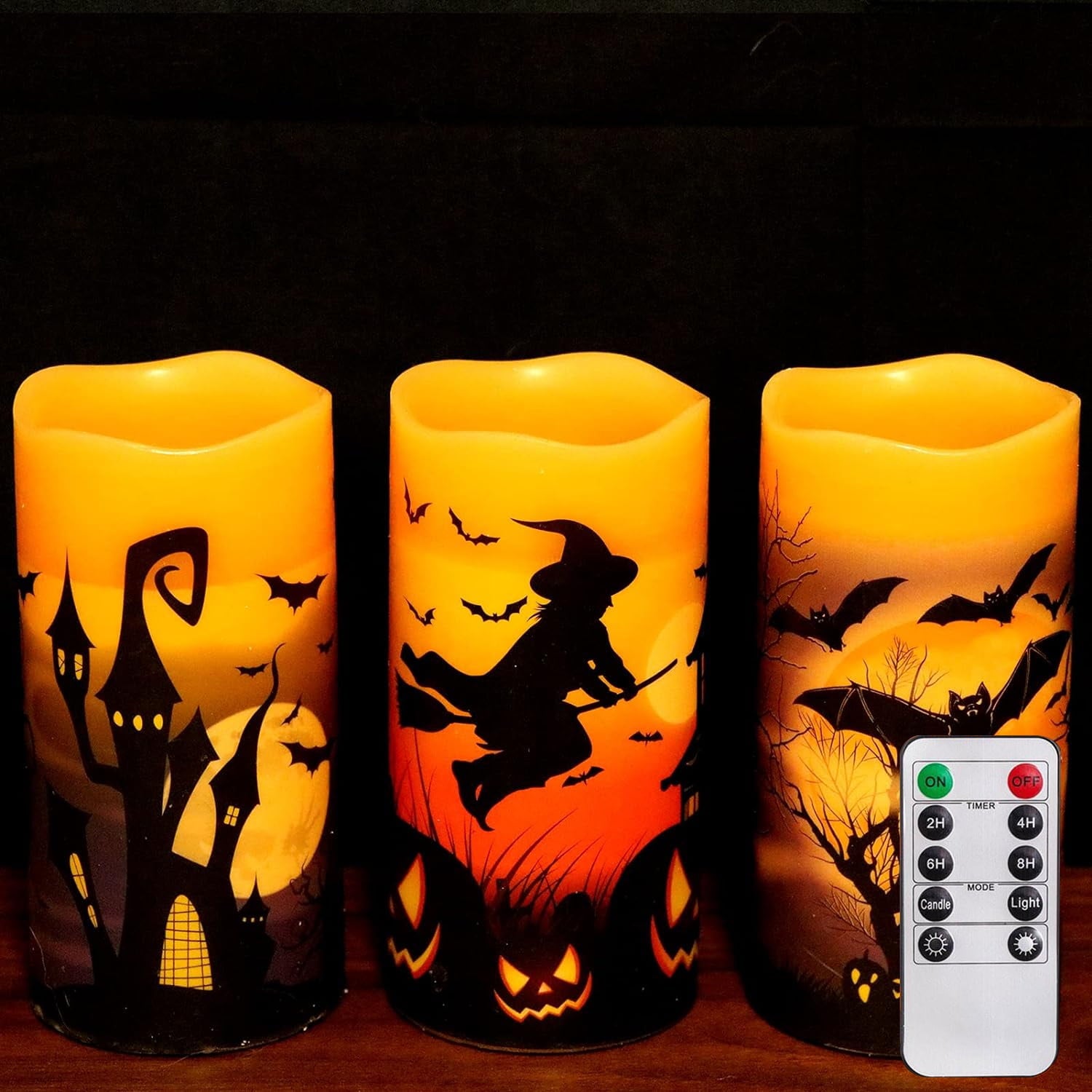 Behome Halloween LED Flameless Candles with Remote and Timer, Battery Operated, Real Wax Flickering Pillar Candles, Flat Wick & Dimmable Light, Castle Witch Bats Holiday Decor(3 Pack, 3 x 6 Inches)