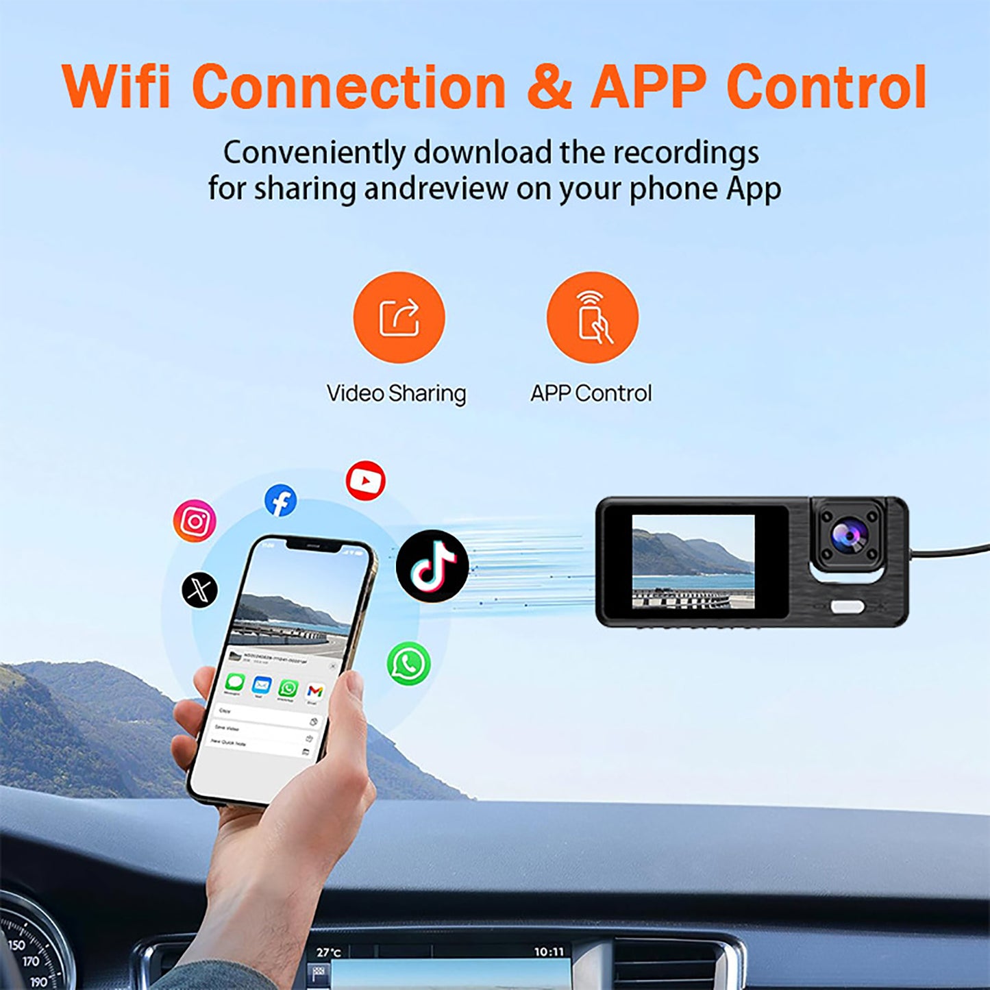 BN-LINK 1080P 3-Lens Dash Cam Front and Rear, Free 32GB Card Included, WiFi Dash Camera for Cars, 170°Wide Angle, Super Night Vision, Loop Recording, G-Sensor, 24-Hour Parking Monitor