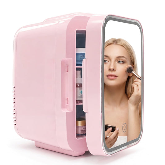 Behome 4L Mini Fridge with Mirror & 3 Brightness Levels, Quiet Small Fridge Cooler & Warmer, Mini Refrigerator for Bedroom, Office, Car, for Food, Drinks, Skincare & Makeup