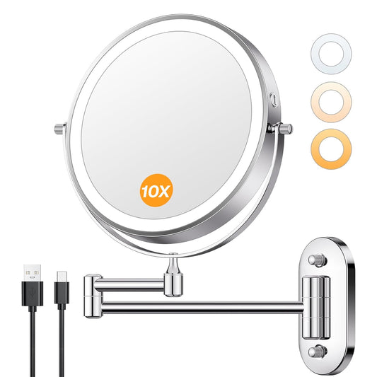 Behome Wall Mounted Lighted Makeup Mirror, 8" Rechargeable Double Sided 1X/10X Magnifying Mirror, 360°Rotation & 3 Color Lights Touch Screen Dimmable Vanity Mirror