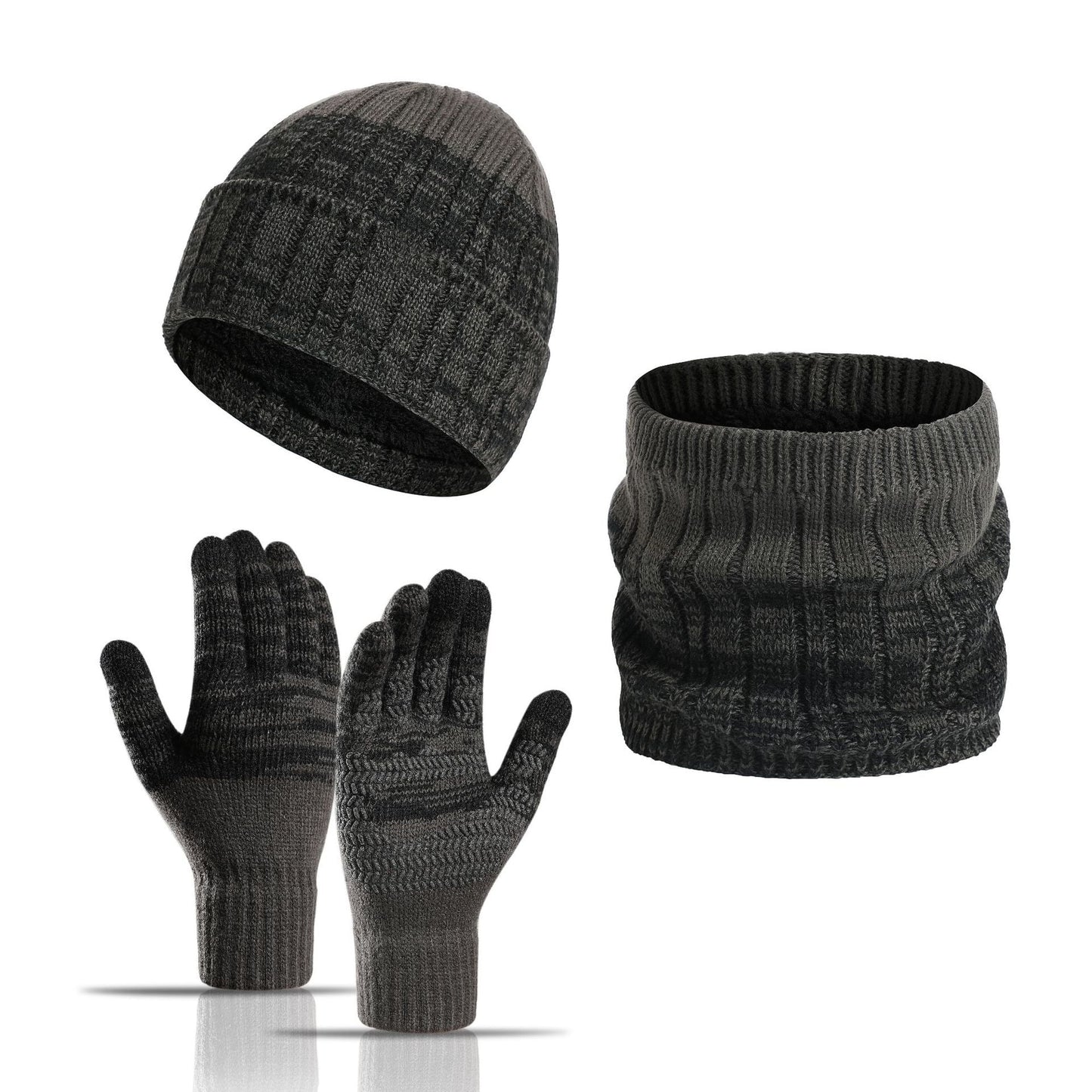 Behome Winter Gloves and Scarf Set, Knit Warm Long Neck Scarves Cap Gloves 3 in 1 Set for Men, Dark Gray