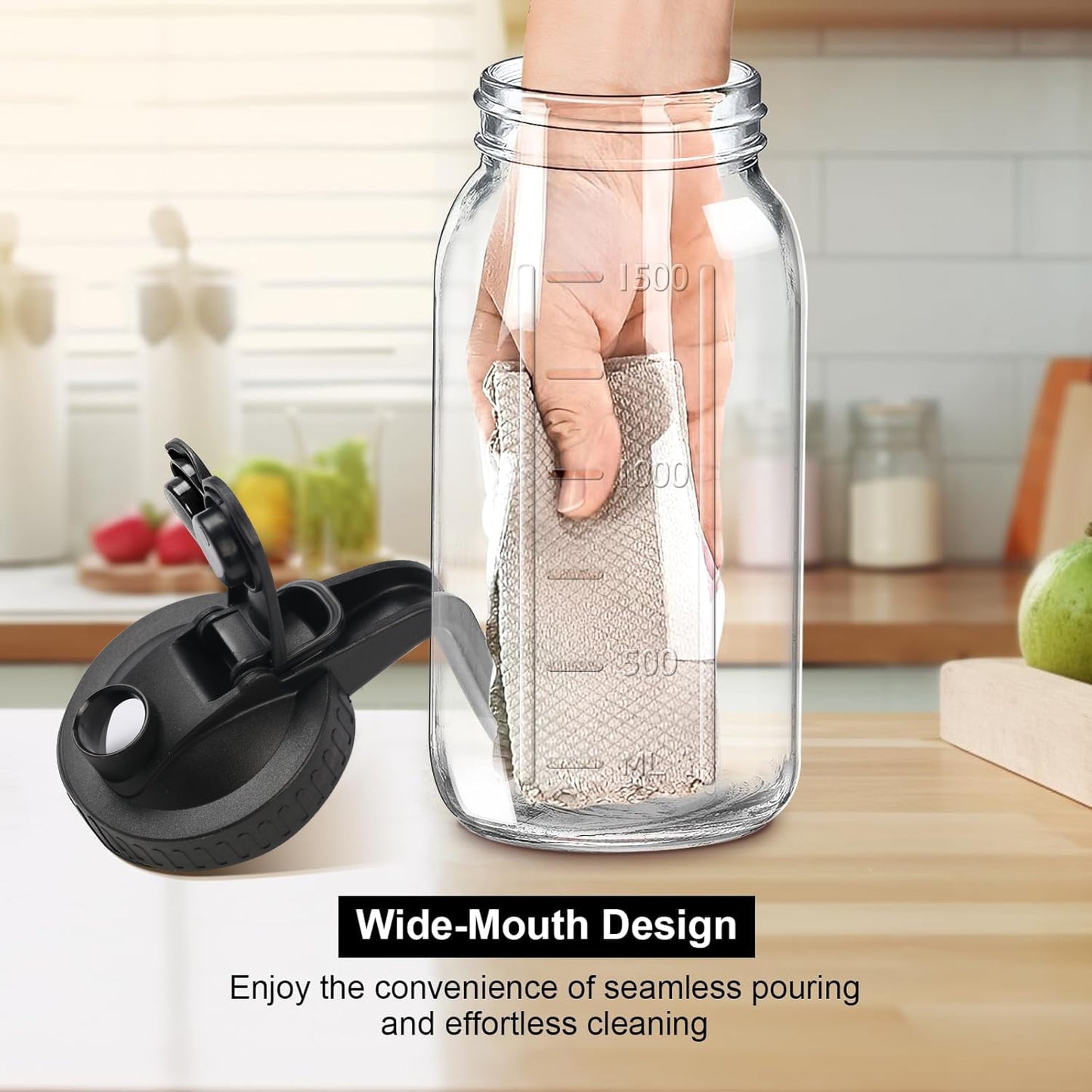 Behome 2 packs Glass Pitcher with Lid, 64 oz Mason Jar Pitcher with Wide Mouth, Heavy Duty Glass Container for Cold Brew Coffee, Iced Tea, Lemonade