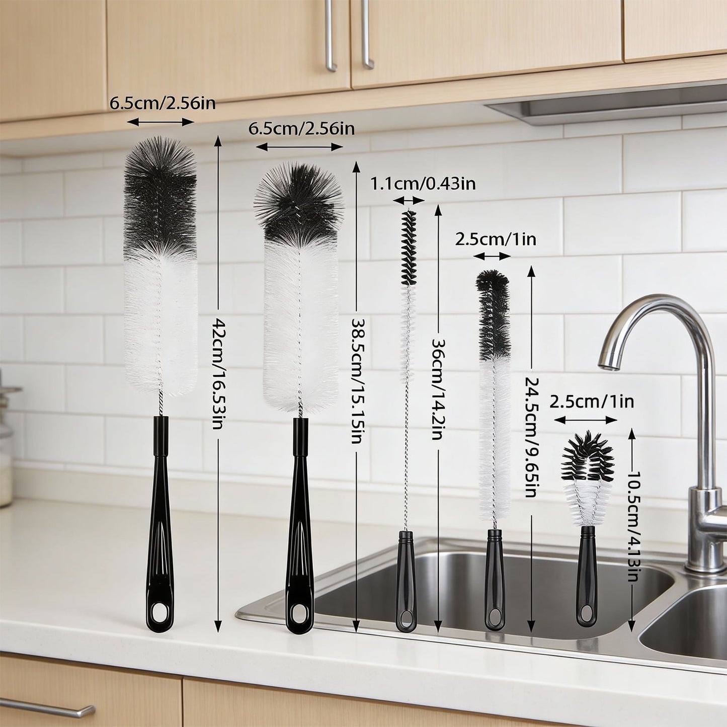 Behome Bottle Brushes, 5Pcs Bottle Cleaning Brush Set, Reusable Pipe Cleaner Brushes, Small Brushes for Cleaning Narrow Neck Water Bottles Jars Teapot (White&Black)