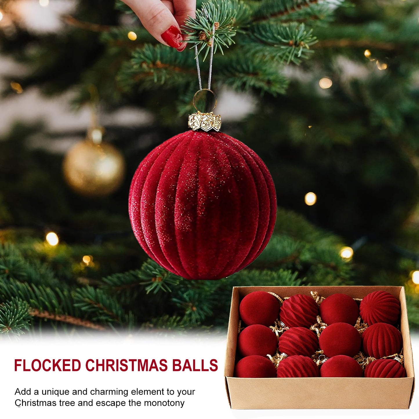 Behome 12 Packs Velvet Christmas Ball Ornaments, 2.36 Inches Flocked Hanging Xmas Balls Decorations for Xmas Tree, Holiday, Wedding, Party