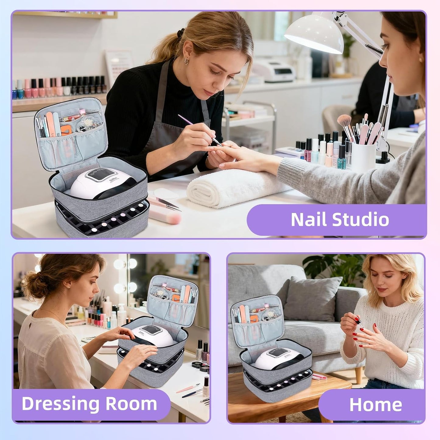 Behome Double Layers Nail Polish Organizer Bag, Nail Kit Organizer Holds 30 Bottles & Nail Lamp, Nail Polish Carrying Case with Manicure Tools Storage Sections, Grey
