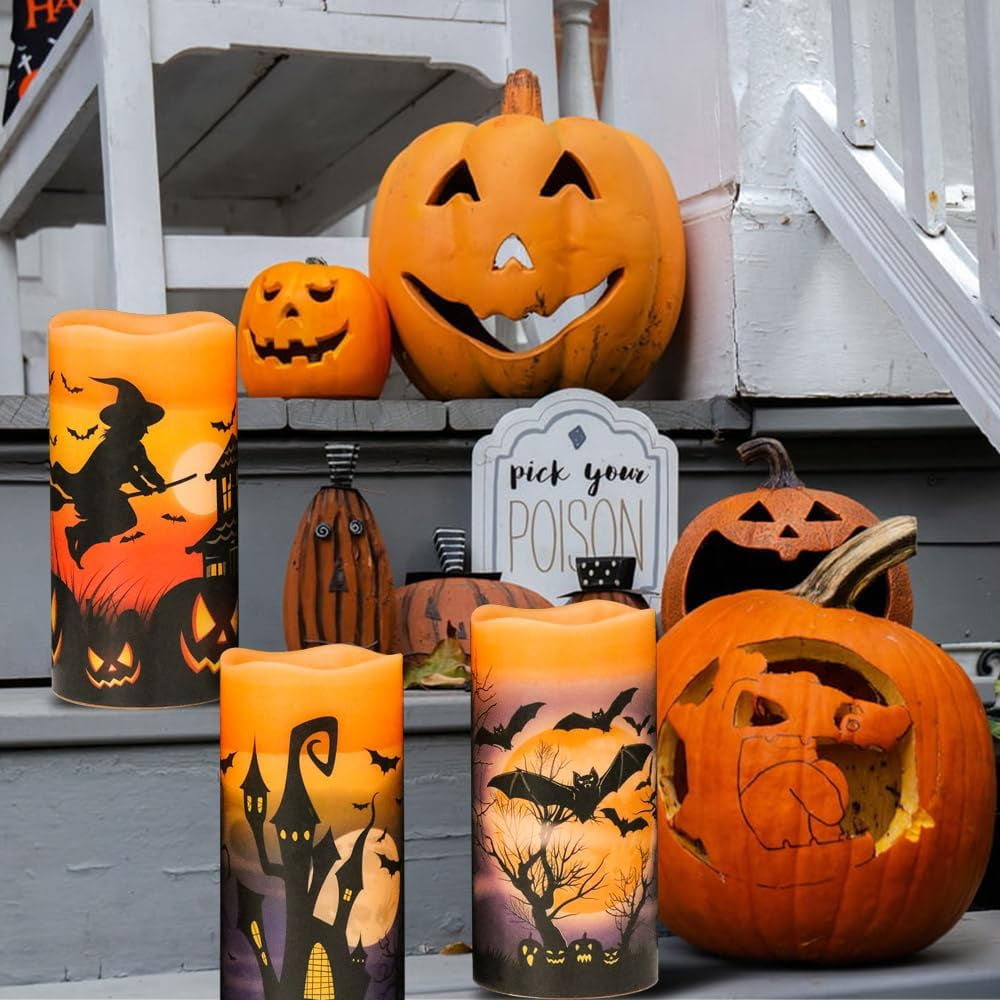 Behome Halloween LED Flameless Candles with Remote and Timer, Battery Operated, Real Wax Flickering Pillar Candles, Flat Wick & Dimmable Light, Castle Witch Bats Holiday Decor(3 Pack, 3 x 6 Inches)