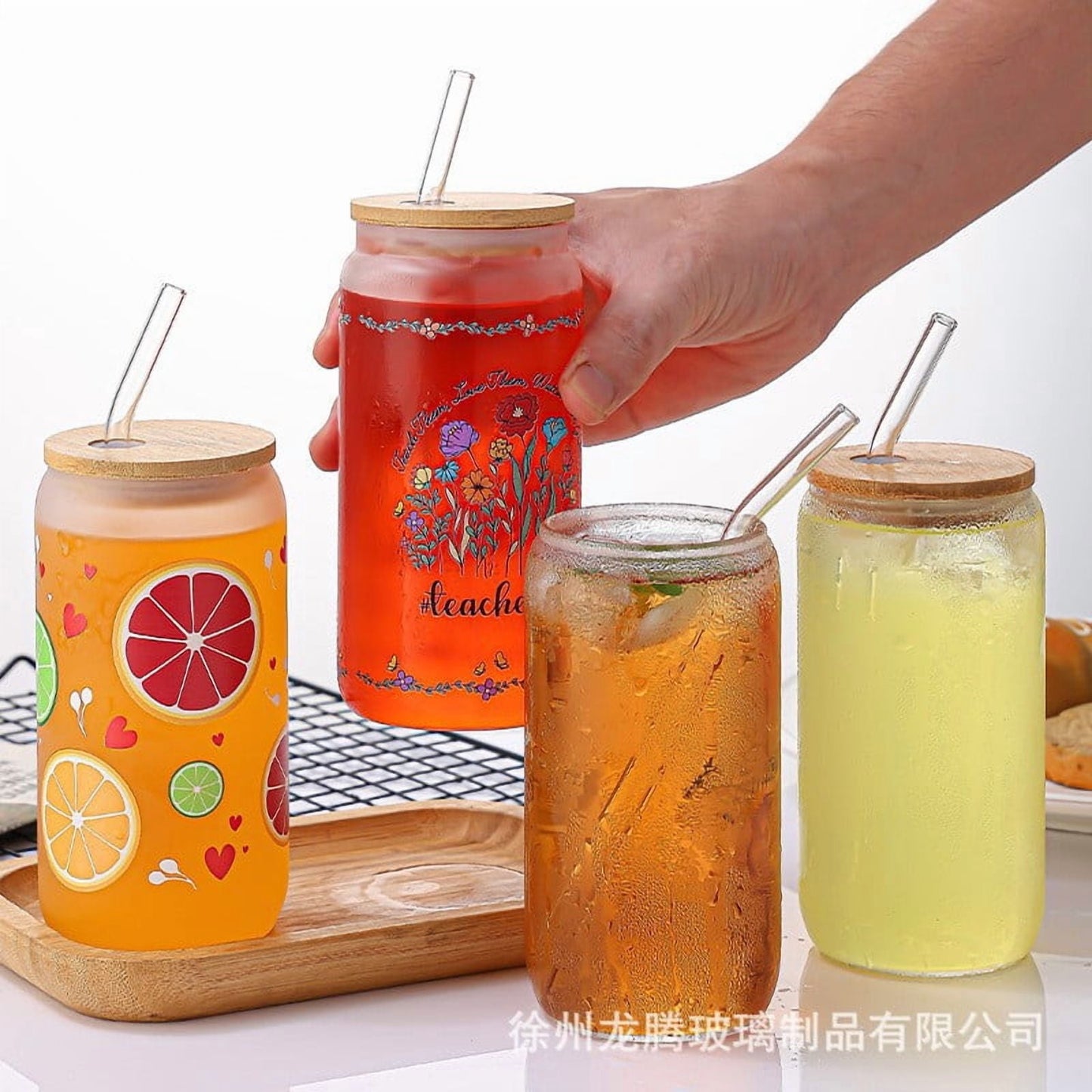 4pcs Glass Cups with Bamboo Lids and Straws for Cocktail, Whiskey, Tea, Gift