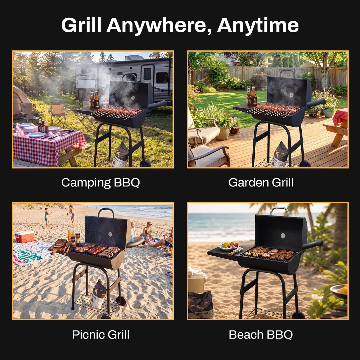 BN-LINK Barrel Charcoal Grill, Outdoor Grill with Side Shelf and Built-In Thermometer, 320 Sq. In. Cooking Area, Portable BBQ Grill & Smoker Combo for Backyard, Parties, Camping