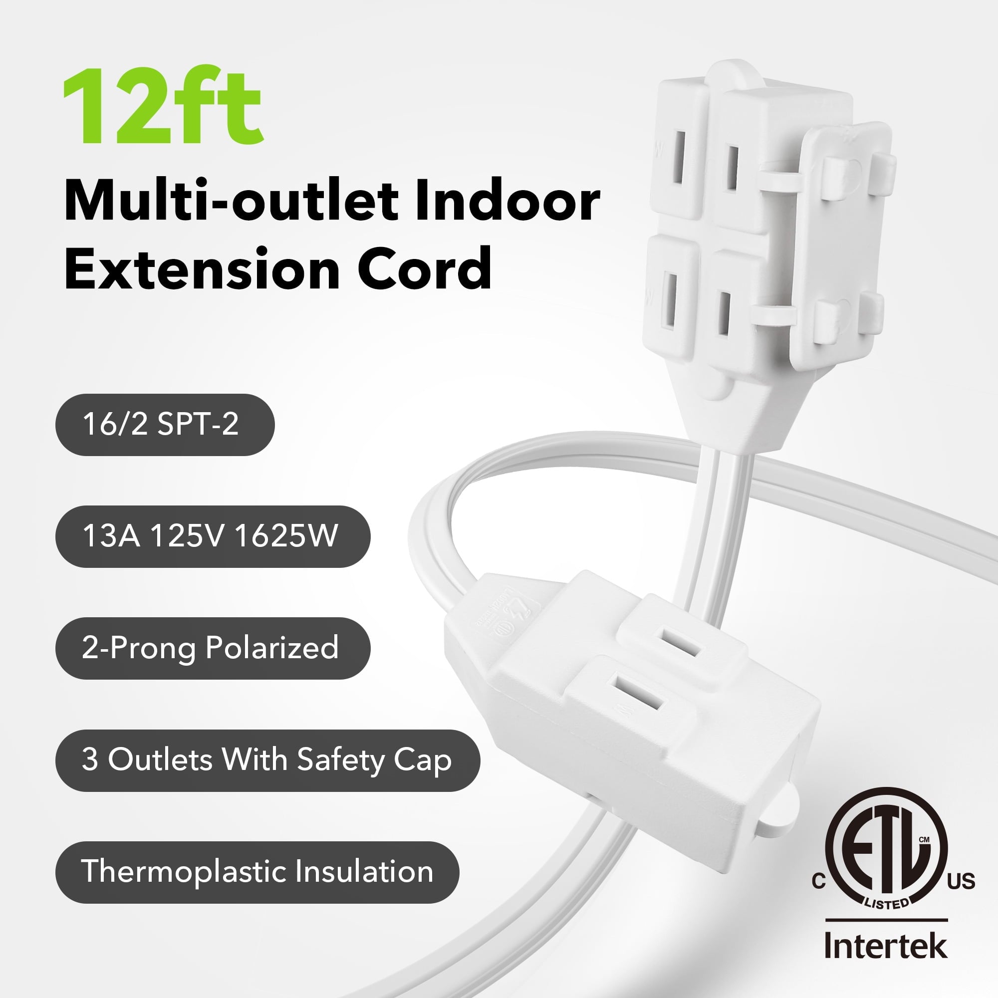 BN-LINK 12 ft 3 Outlet Indoor Extension Cord 16/2 SPT-2, White, 2 Prong Polarized Plug