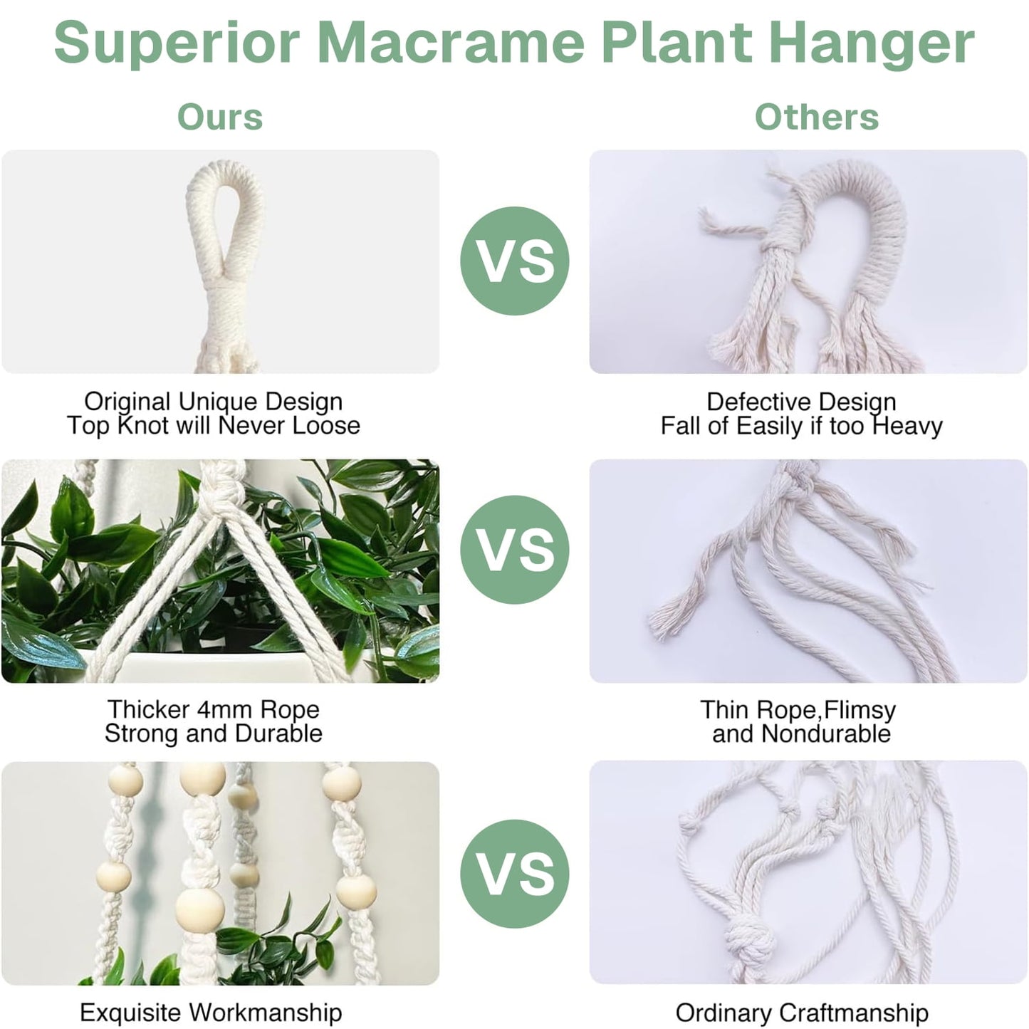 Behome Hanging Planters for Indoor Plants, 3 Pack Cotton Rope Plant Hanger with 3 Hanging Hooks, Garden Home Decor Ceiling Plant Holder for Indoor Outdoor, White