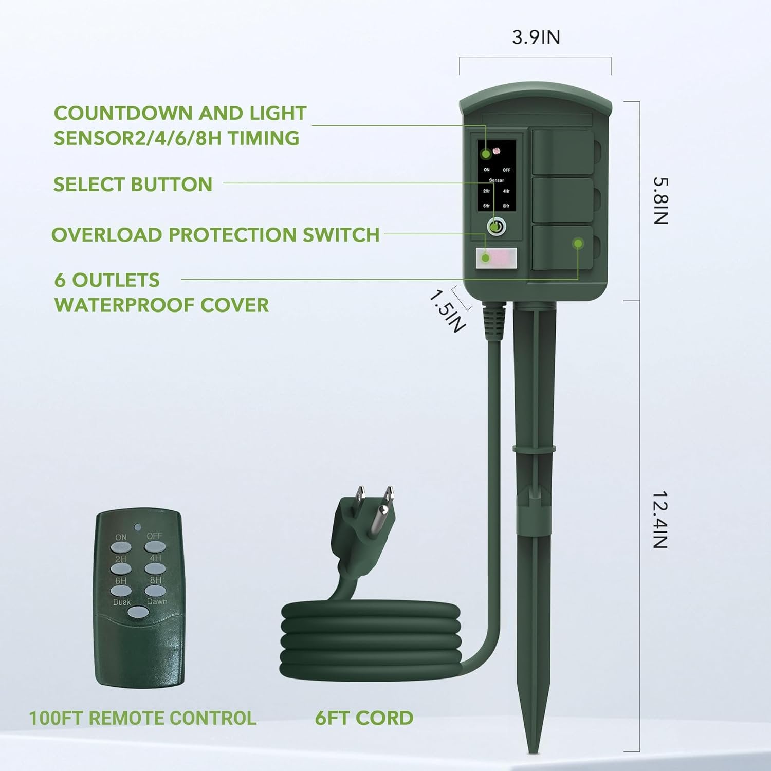 BN-LINK Outdoor Power Stake Timer Waterproof, Power Strip with 6 Grounded Outlets and 6FT Extension Cord, 100FT Wireless Remote Control, Dusk to Dawn Sensor Timer for Lights and Courtyard Decoration