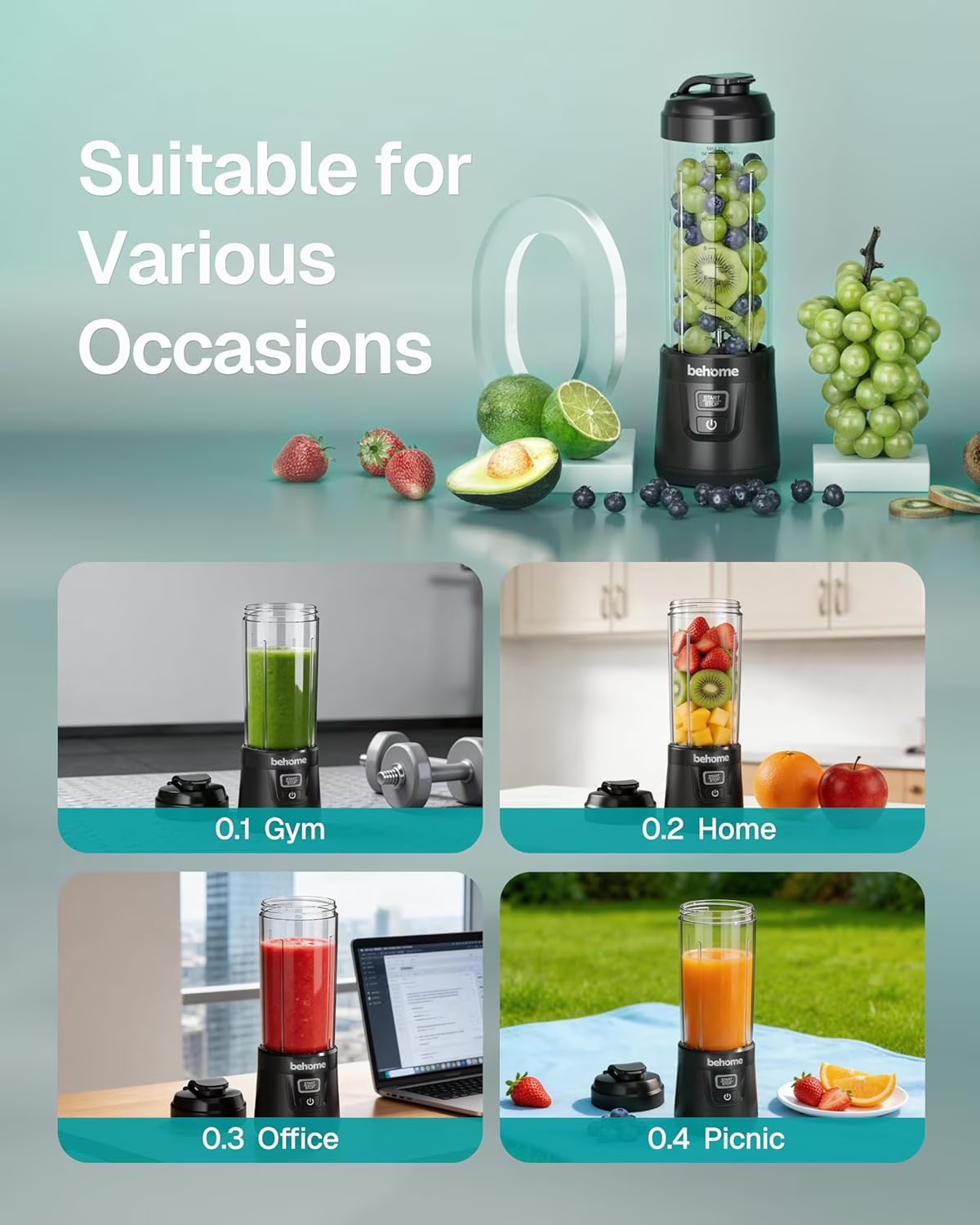 Behome Portable Blender, Personal Juicer For Blender Shakes and Smoothies, 14 OZ BPA Free Portable Cups, USB-C Rechargeable, Dishwasher Safe Parts - Mini Small Blenders Cup For Home, Office, Gym