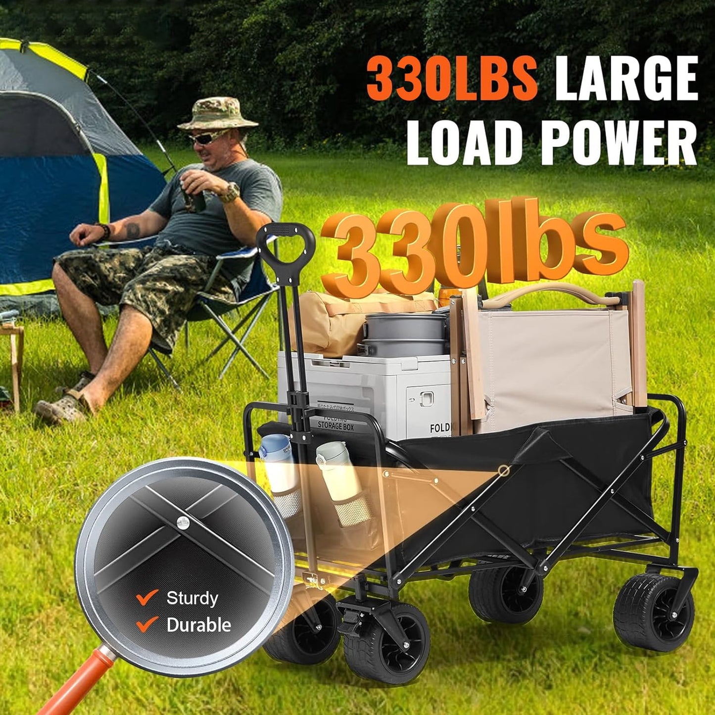BN-LINk Collapsible Folding Wagon Cart, 330lb Heavy Duty Utility Cart with Silent Universal Wheels & Brake, Garden Cart with Side Pocket, Adjustable Handle, for Camping, Picnic