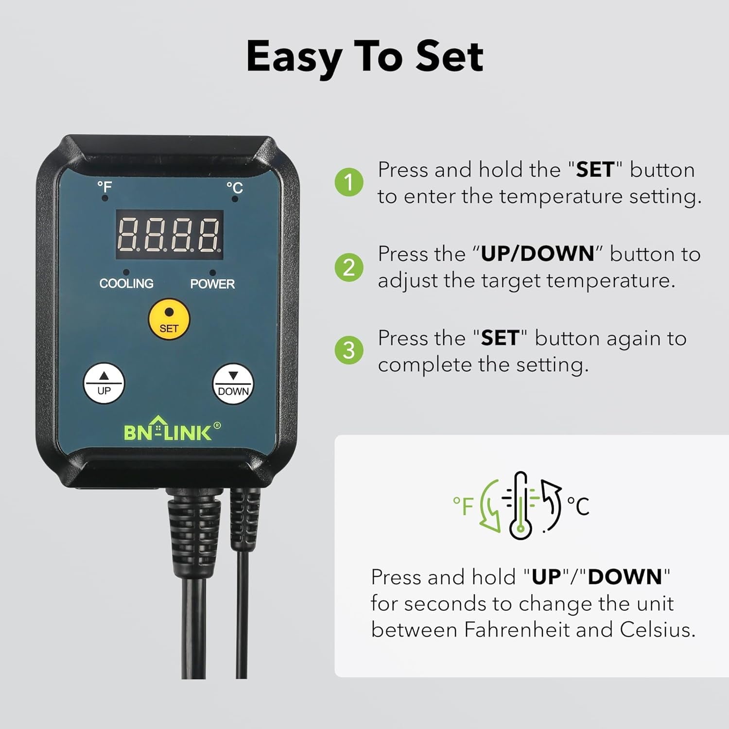 BN-LINK Digital Cooling Thermostat Controller for Cooling Device Circulation Box Fans 40-108 °F 8.3A 1000W