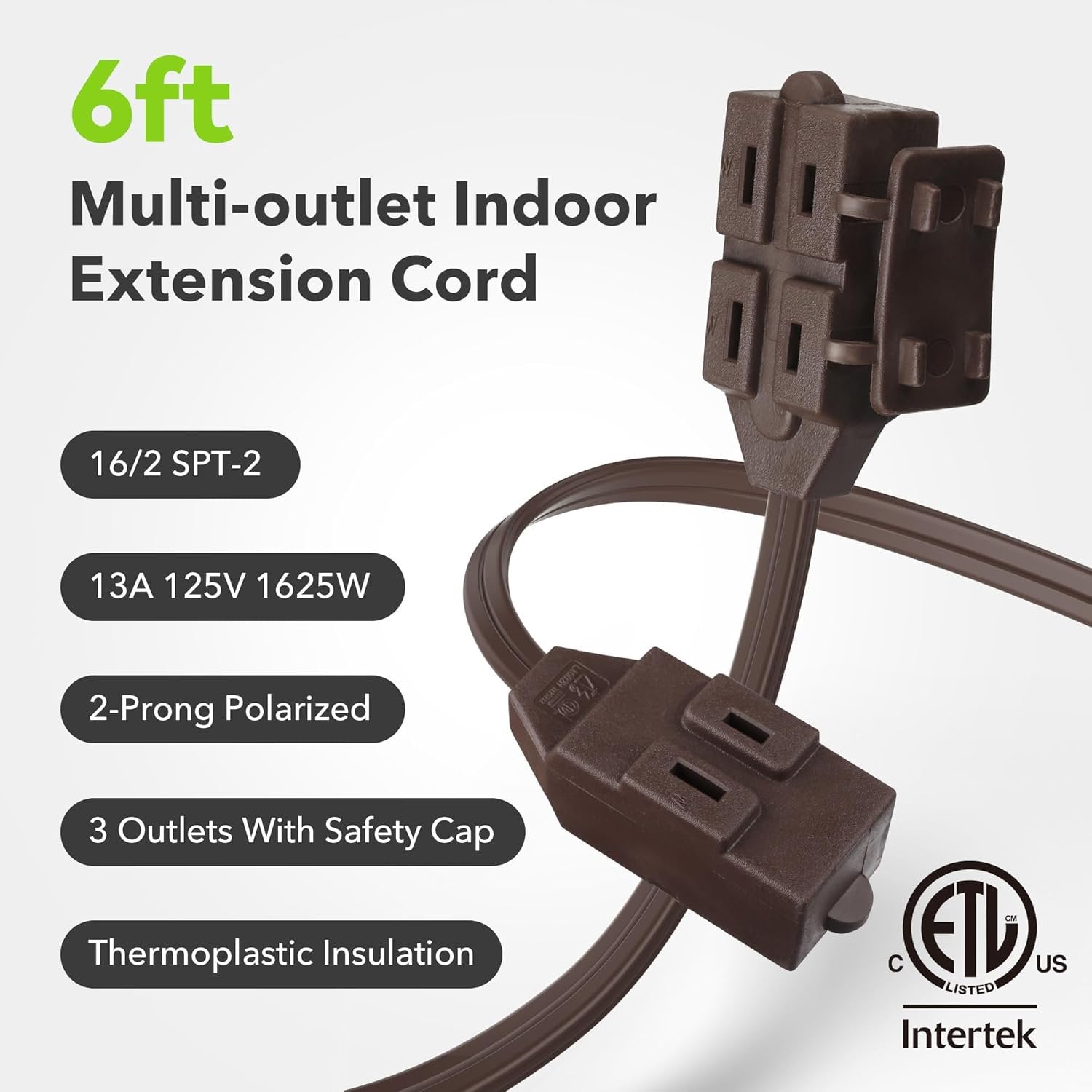 BN-LINK 6/9/12 Ft Indoor Extension Cord, Brown, 3 Outlets with Safety Cap Included, 2 Prong Polarized Plug, Perfect for Homes, Offices, and Kitchens, 3 Variety Pack