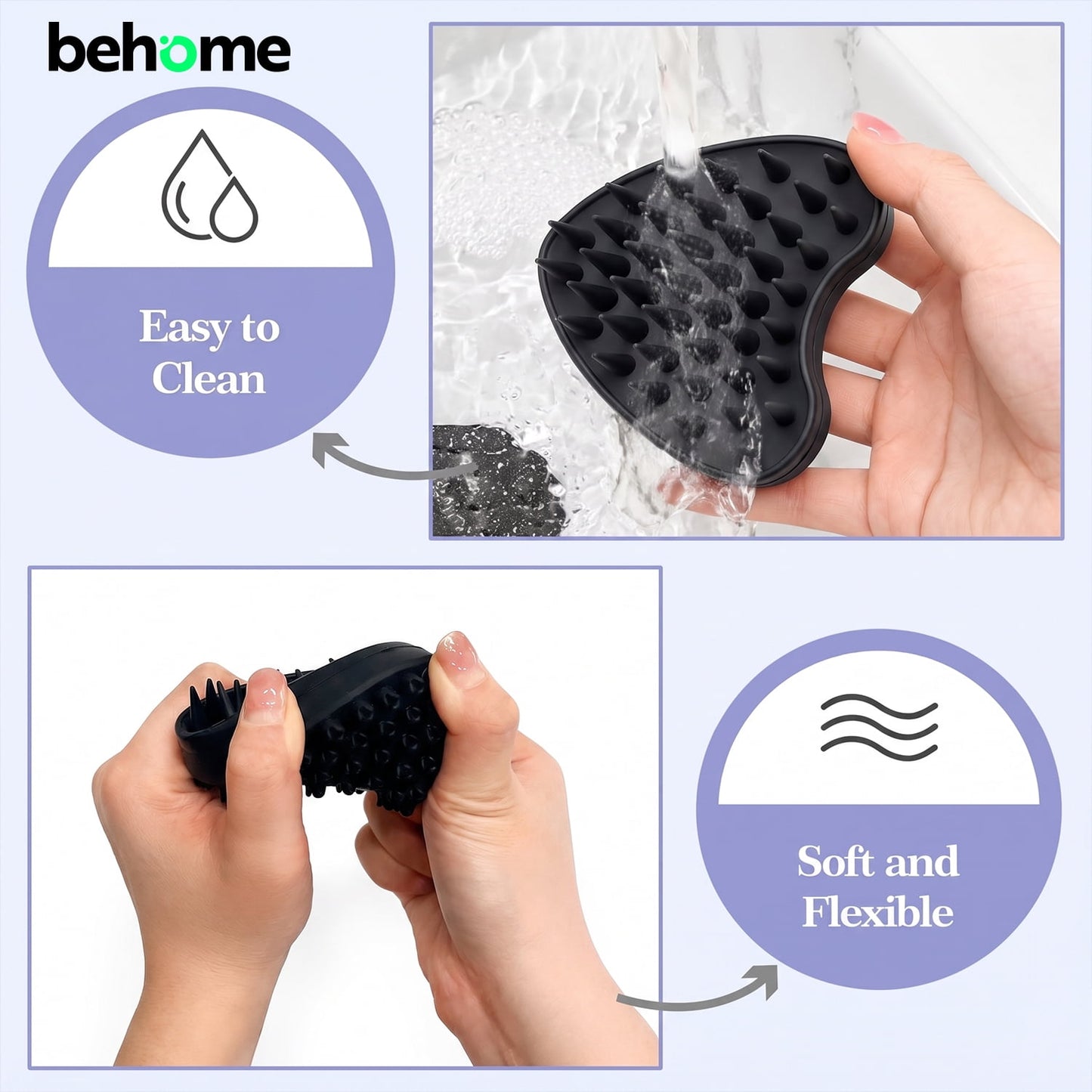 Behome Back Scrubber for Shower & Heart-shaped Shampoo Brush, Anti Slip Long Handle Bath Brush , Silicone Bath Accessory for Men & Women (Black)