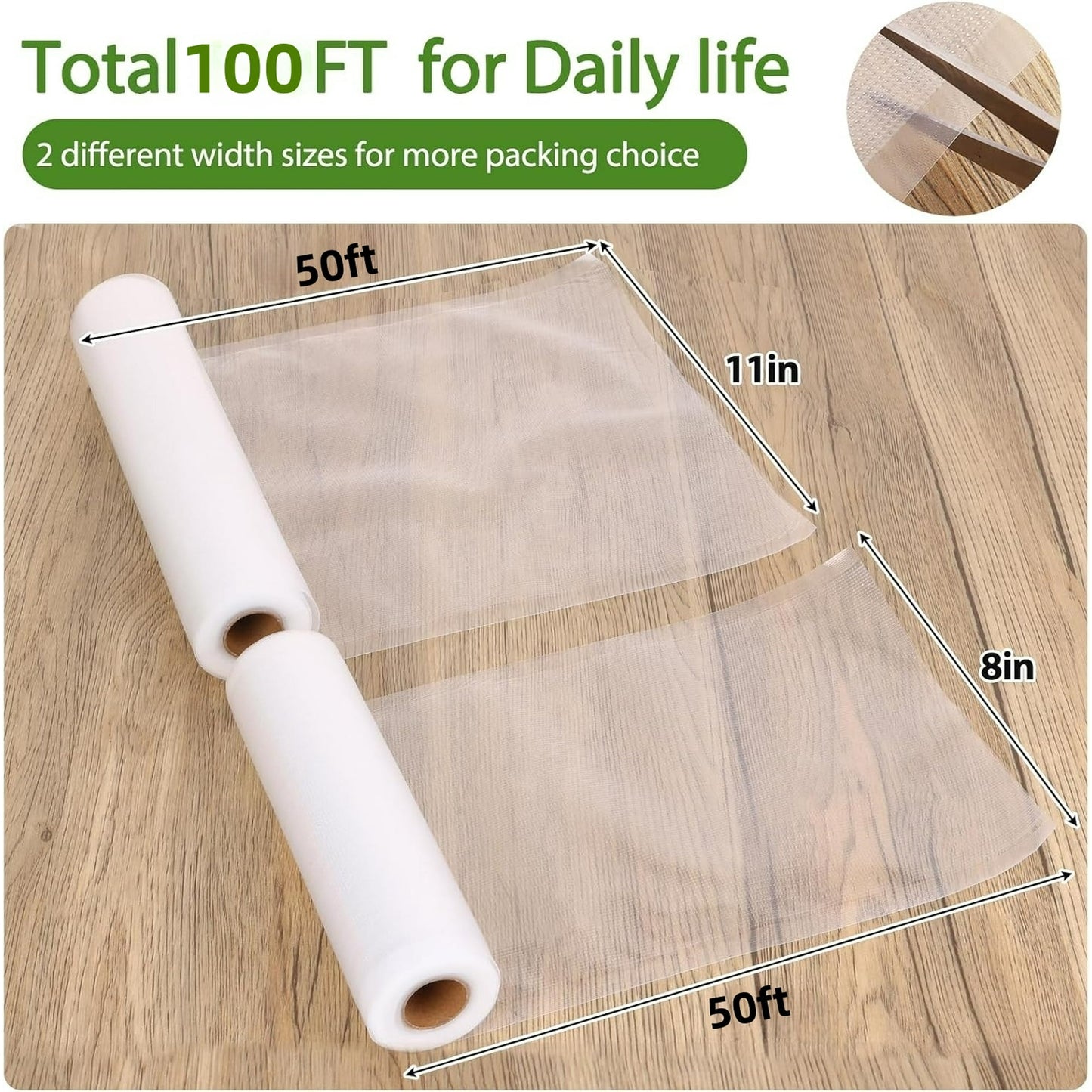 Behome Vacuum Sealer Bags, 2 Rolls (7.87”x 50’&11.02” x 50’) Textured Vacuum Sealer Bags for Food Sealer, for Sous Vide Cooker and All Vaccum Food Sealer Machines