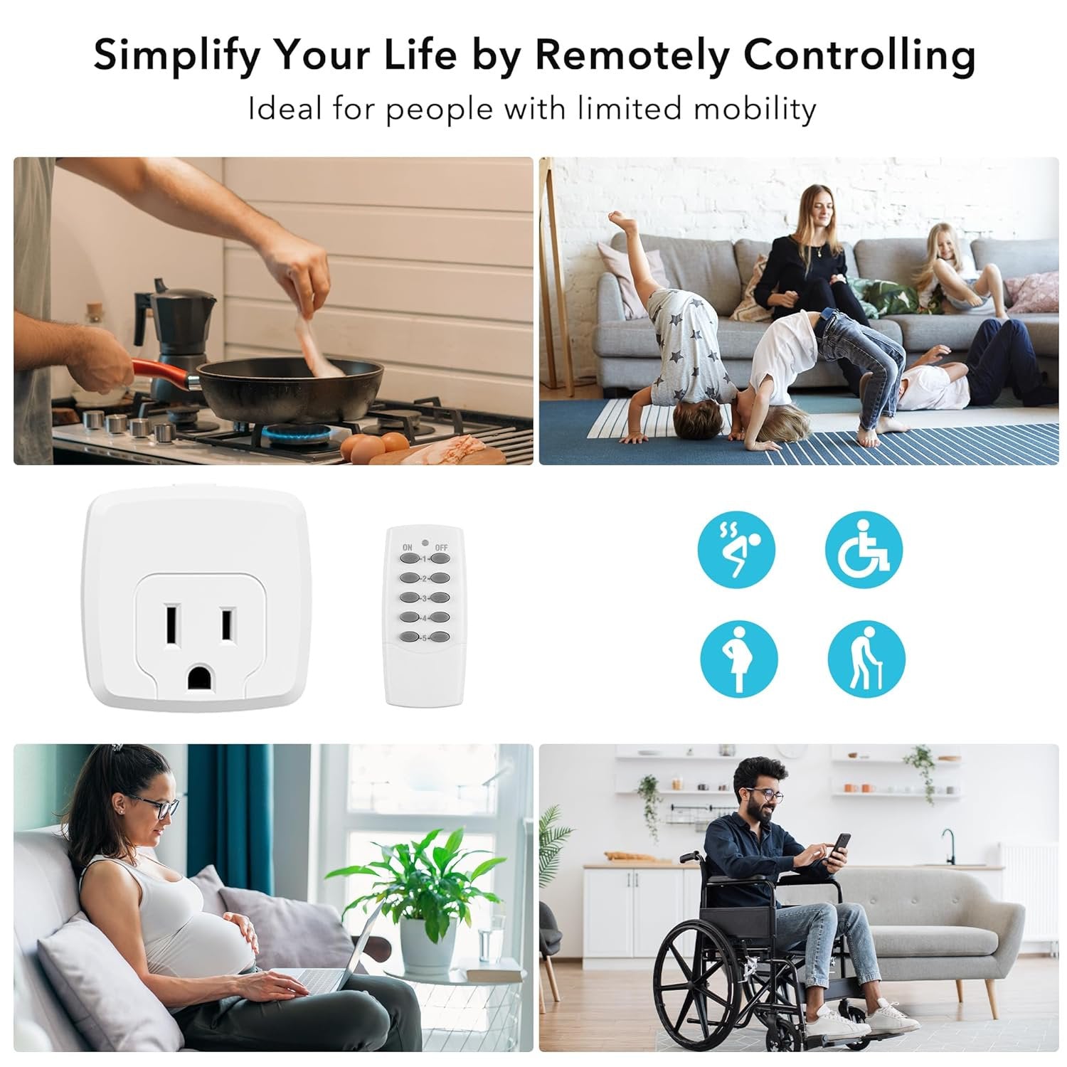 HBN Remote Control Outlet with 100FT RF Signal, Wireless On Off Switch Plug for Household Appliances, Battery Included, 15A/1875W(5 Outlets + 2 Remotes)