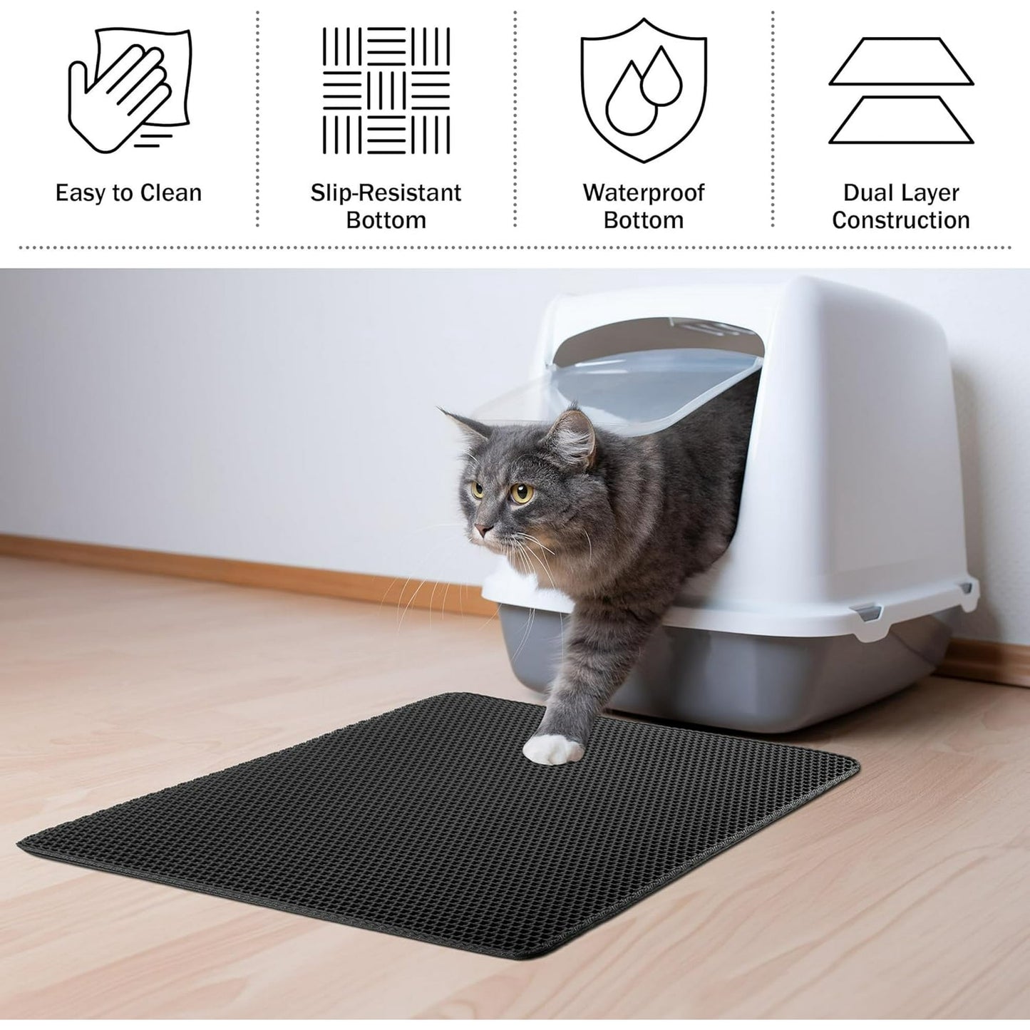 BN-LINK 21" x 29" Cat Litter Mat Trapping Match, Honeycomb Double Layer Design, Urine-Proof and Water Proof, Scatter Control, Easier to Clean & Washable(Black)