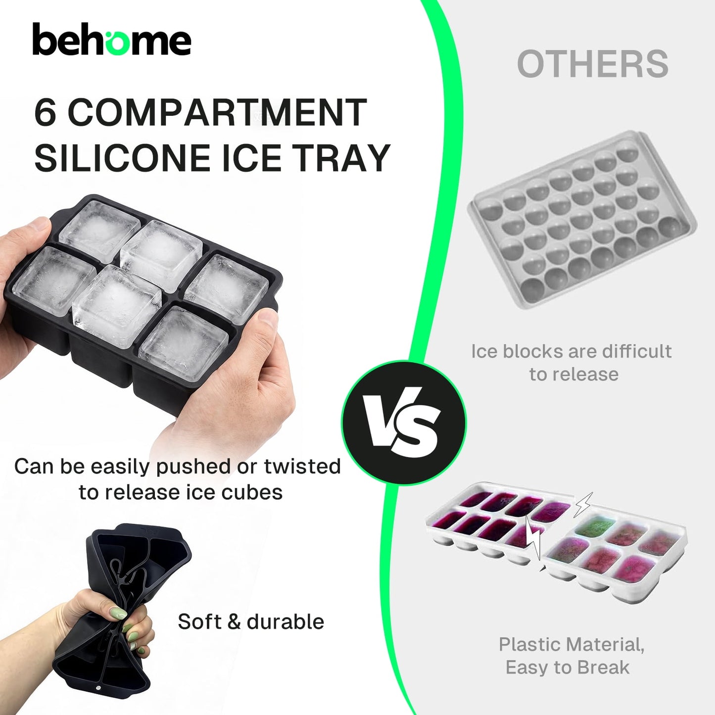 Behome 3 Pack Ice Cube Tray with Lid, 7 inch Cube Ice Trays for Cocktail Whisky, Ice Maker Tray with Lid for Freezer, Easy Release, Black