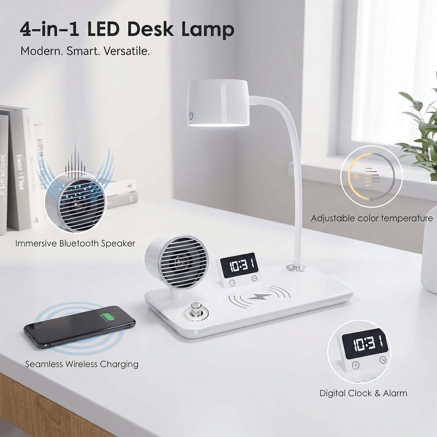 Behome 4-in-1 Desk Lamp with Wireless Charger, Digital Clock & Bluetooth Speaker, Eye-Caring 3-Color Dimmable Table Lamp, Flexible Gooseneck Desk Light for Home Office