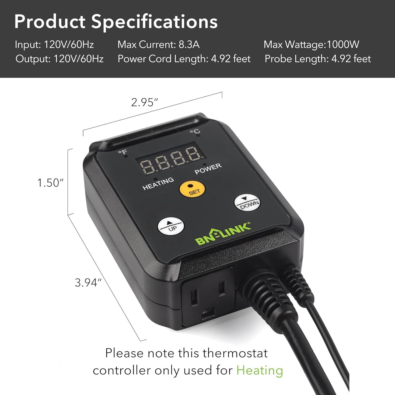 BN-LINK Digital Heat Mat Thermostat Temperature Controller for Seed Germination, Reptiles and Brewing Breeding Incubation Greenhouse, 40-108°F, 8.3A 1000W ETL Listed