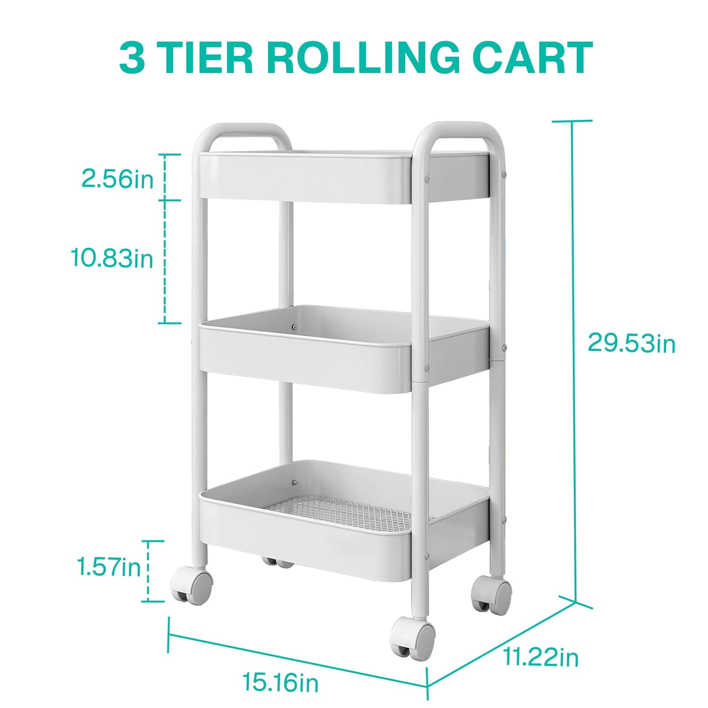 Behome Rolling Cart, 3 Tier Storage Trolley with Handle, Utility Cart with Plastic Shelf & Lockable Wheels, Kitchen Storage Organizer for Bathroom, Office, Bedroom, White