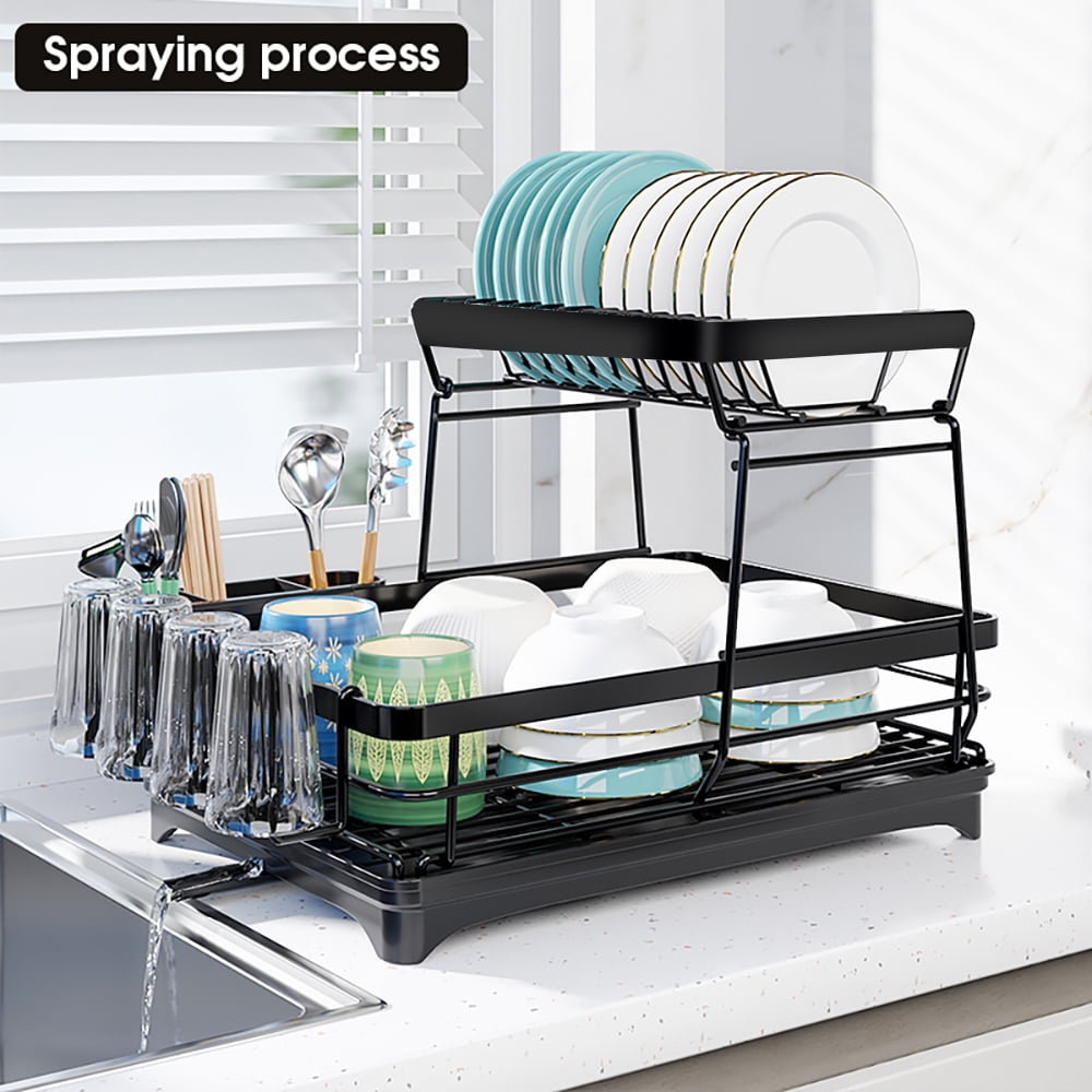 BN-LINK Dish Drying Rack, 2-Tier Dish Racks for Kitchen Counter, Dish Rack with Drainboard, Dish Drainer with Utensils Holder, for Dishes, Bowls, Cups, Knives, Forks, Black