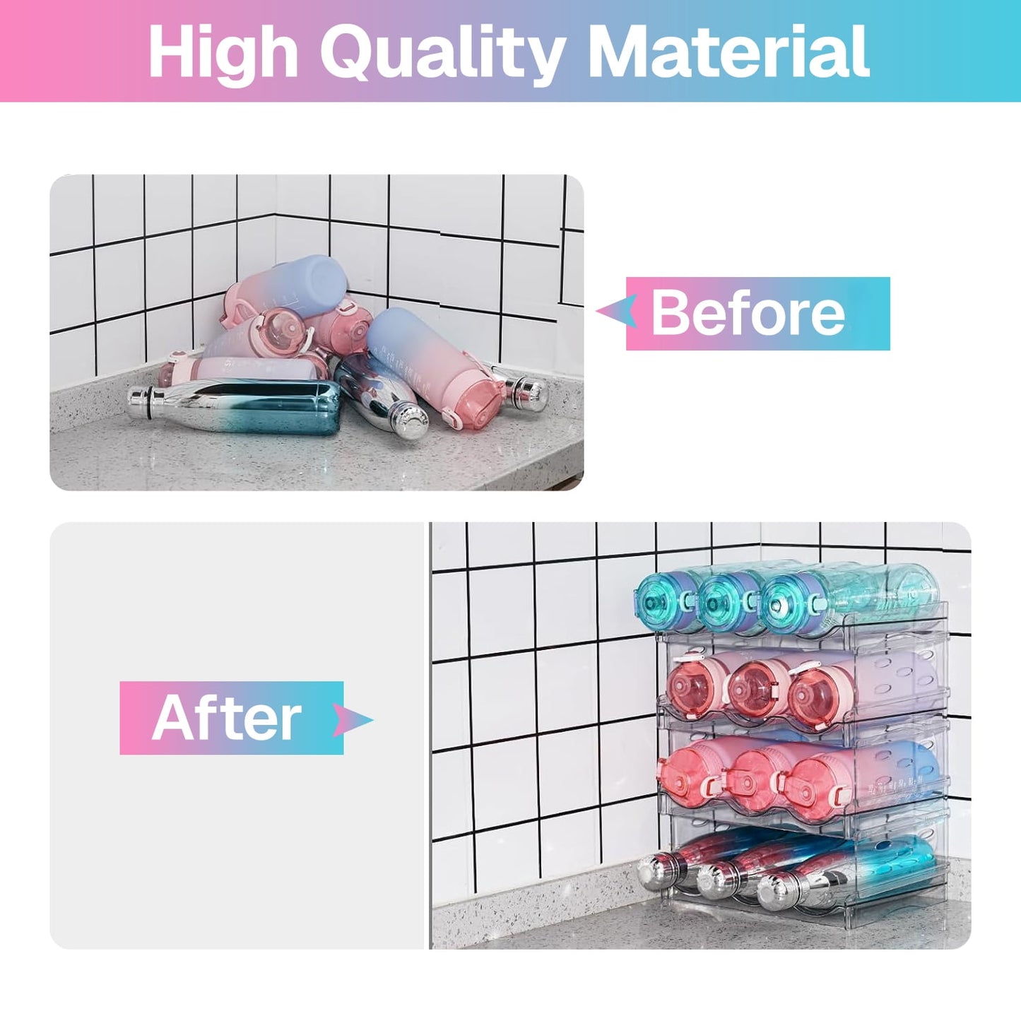 Behome Water Bottle Organizer, Stackable Water Bottle Organizer Holder, Water Bottle Storage Rack, Kitchen Storage Organizer for Cup Accessories, Clear