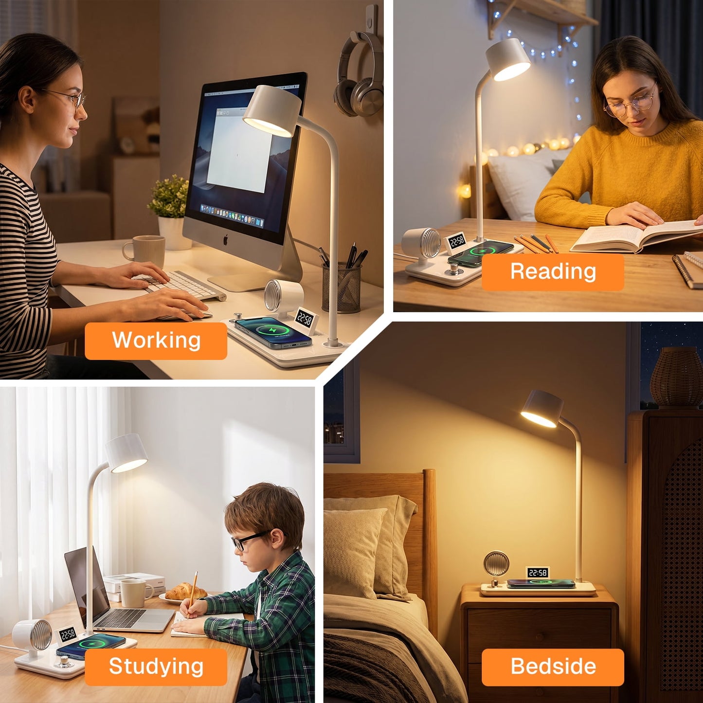 Behome 4-in-1 Desk Lamp with Wireless Charger, Digital Clock & Bluetooth Speaker, Eye-Caring 3-Color Dimmable Table Lamp, Flexible Gooseneck Desk Light for Home Office