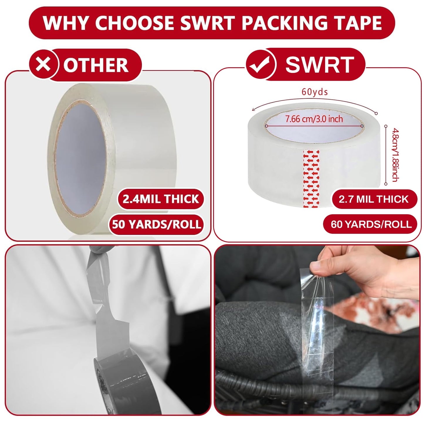 Behome Clear Shipping Packing Tape with Dispenser, 6 Rolls Heavy Duty Packing Tape for Shipping and Moving, 1.88" x 60 yd