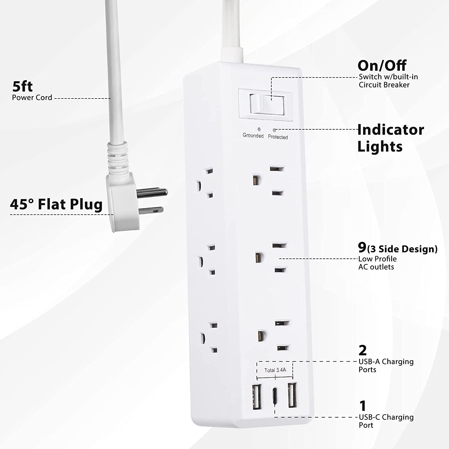 BN-LINK Surge Protector Power Strip with 9 Outlets 2 USB-A 1 USB-C (Total 3.4A), 3-Side Outlet Extender Strip with 5 Ft Extension Cord, Flat Plug, Desktop Charging Station for Travel, Home, Office