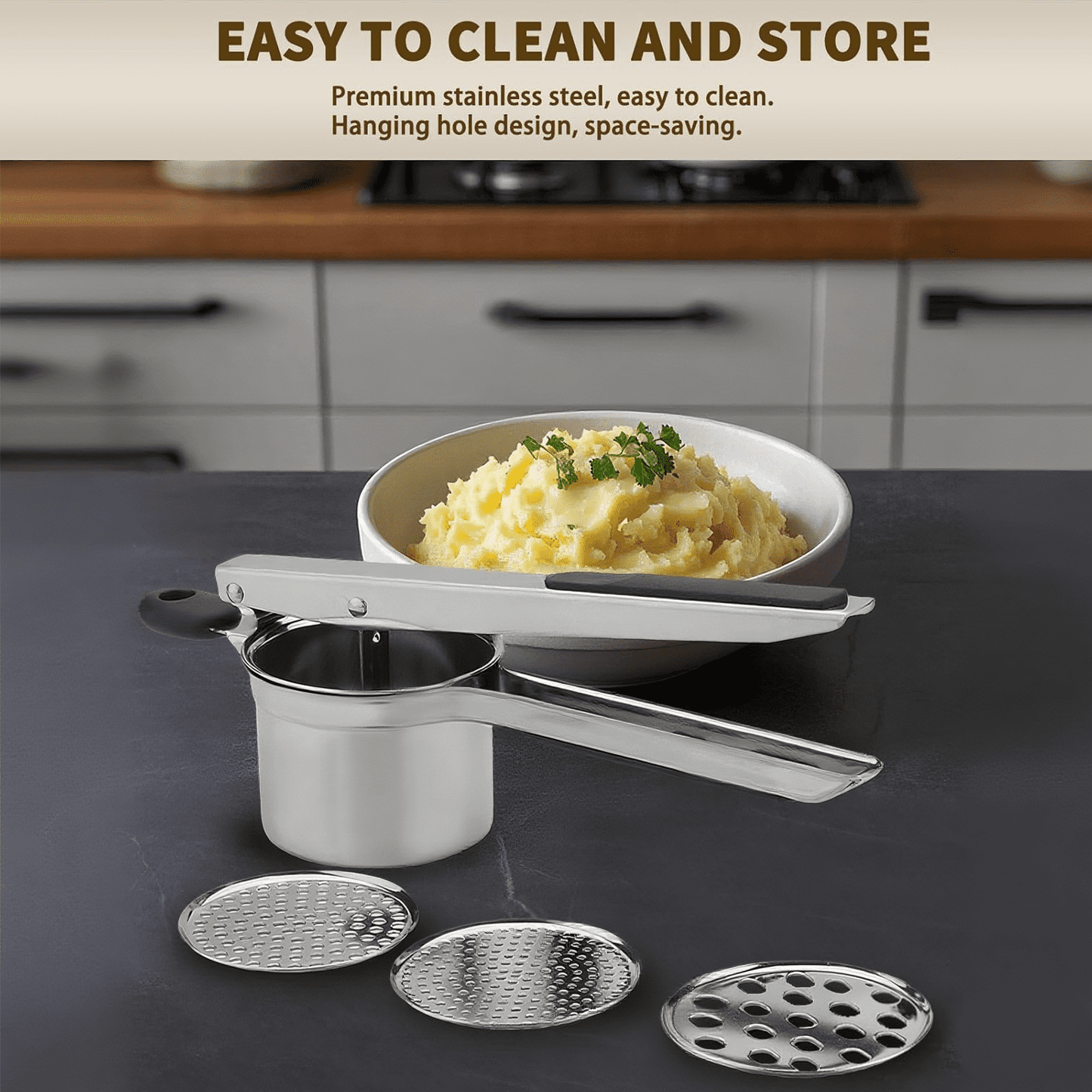 Behome Potato Ricer with 3 Interchangeable Discs, 15 oz Heavy Duty Stainless Steel Potato Masher and Ricer, Kitchen Gadget for Mashed Potatoes, Carrots