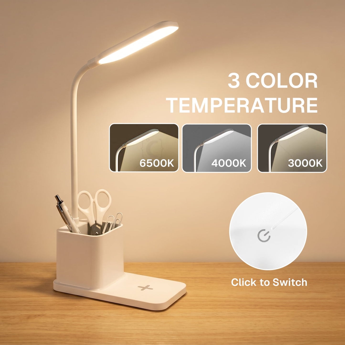 Behome LED Desk Lamp with Wireless Charger & Pen Holder, Eye-Caring 3-Color Dimmable Table Lamp, Flexible Gooseneck Desk light for Home Office School, White