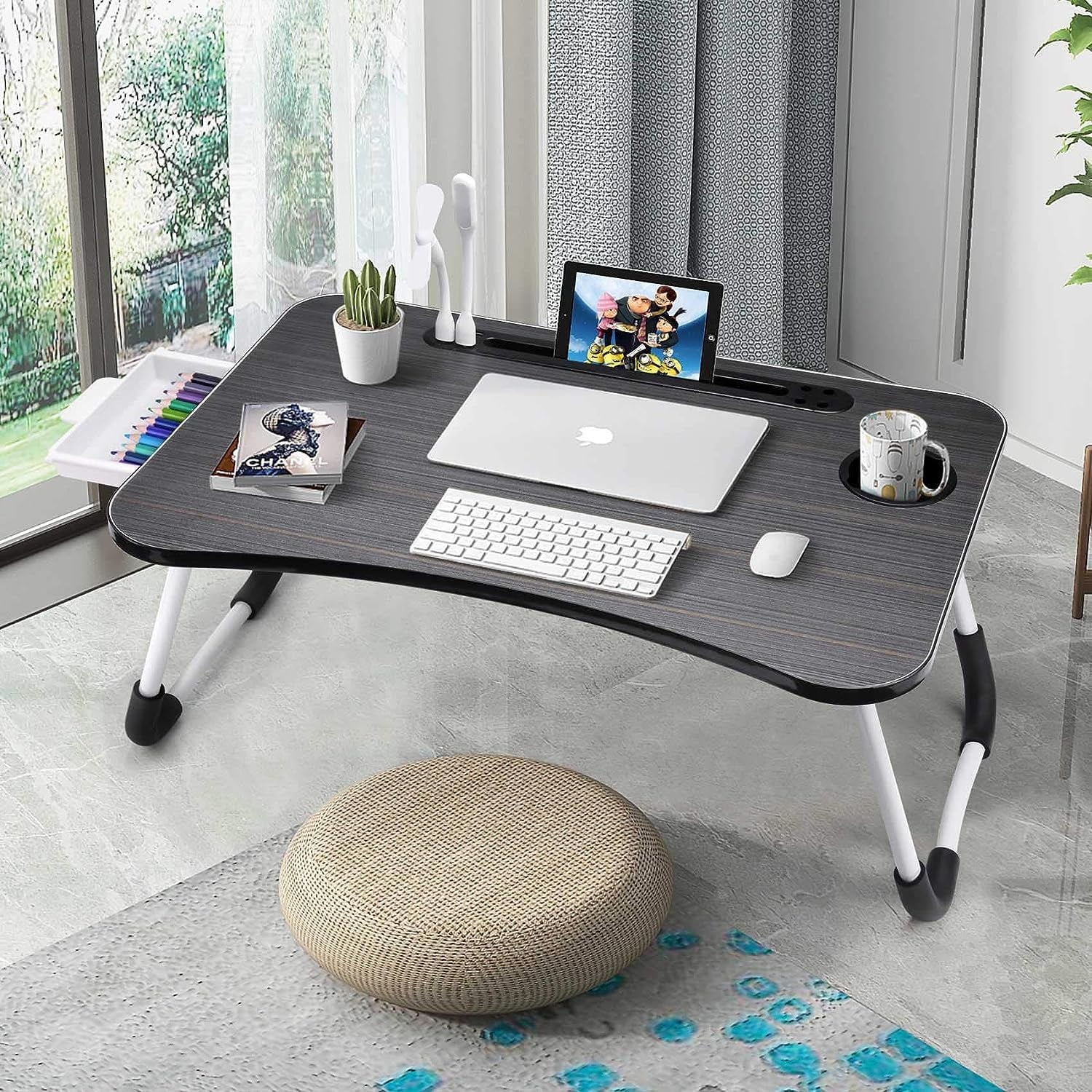 BN-LINK Laptop Desk with USB Ports, Laptop Bed Stand Foldable, Laptop Table Folding Breakfast Tray Portable Lap Standing Desk, Reading and Writing Holder with Drawer for Bed Couch Sofa Floor