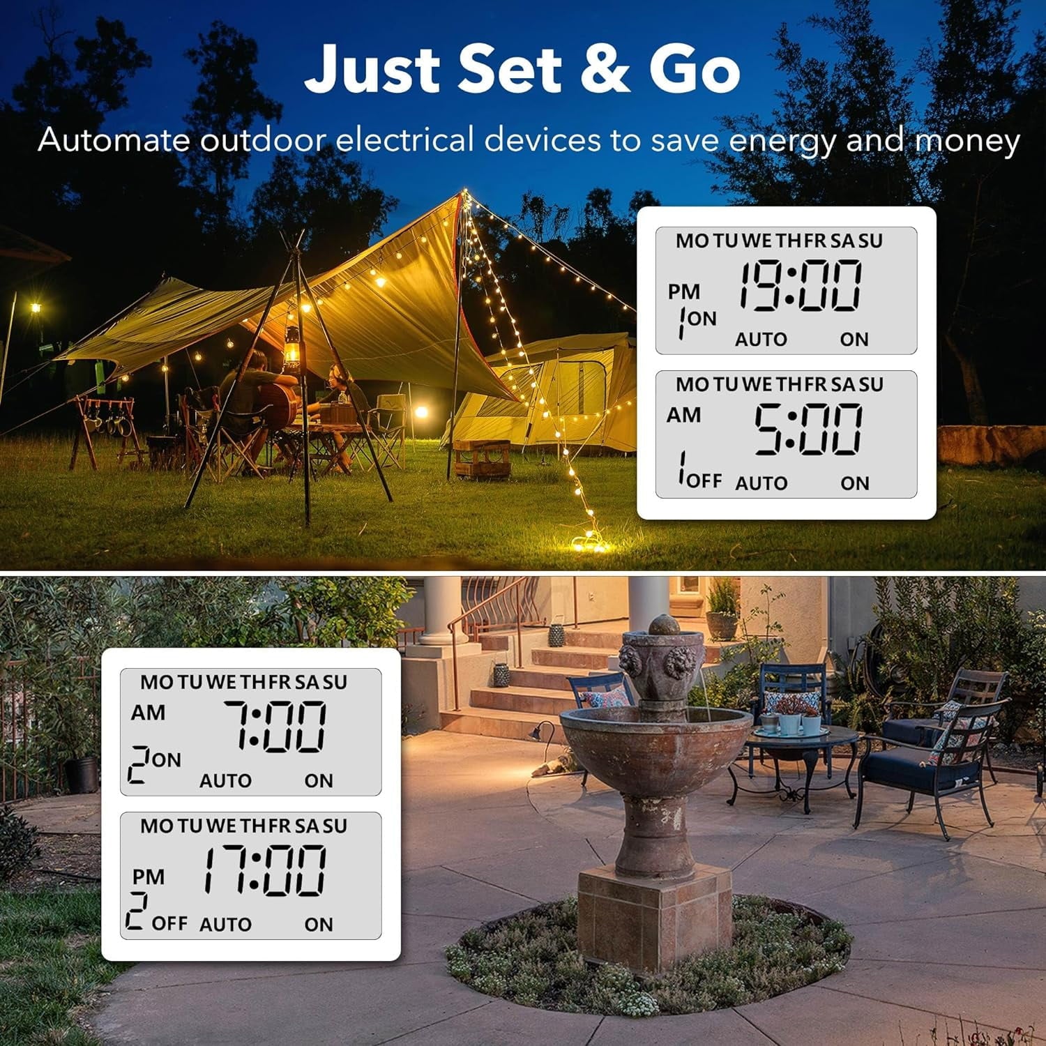 BN-LINK 7 Day Outdoor Heavy Duty Digital 24 Hour Programmable Timer, Dual Outlet, Weatherproof, Heavy Duty, Accurate for Lamps Ponds Christmas Lights 1875W 1/2HP