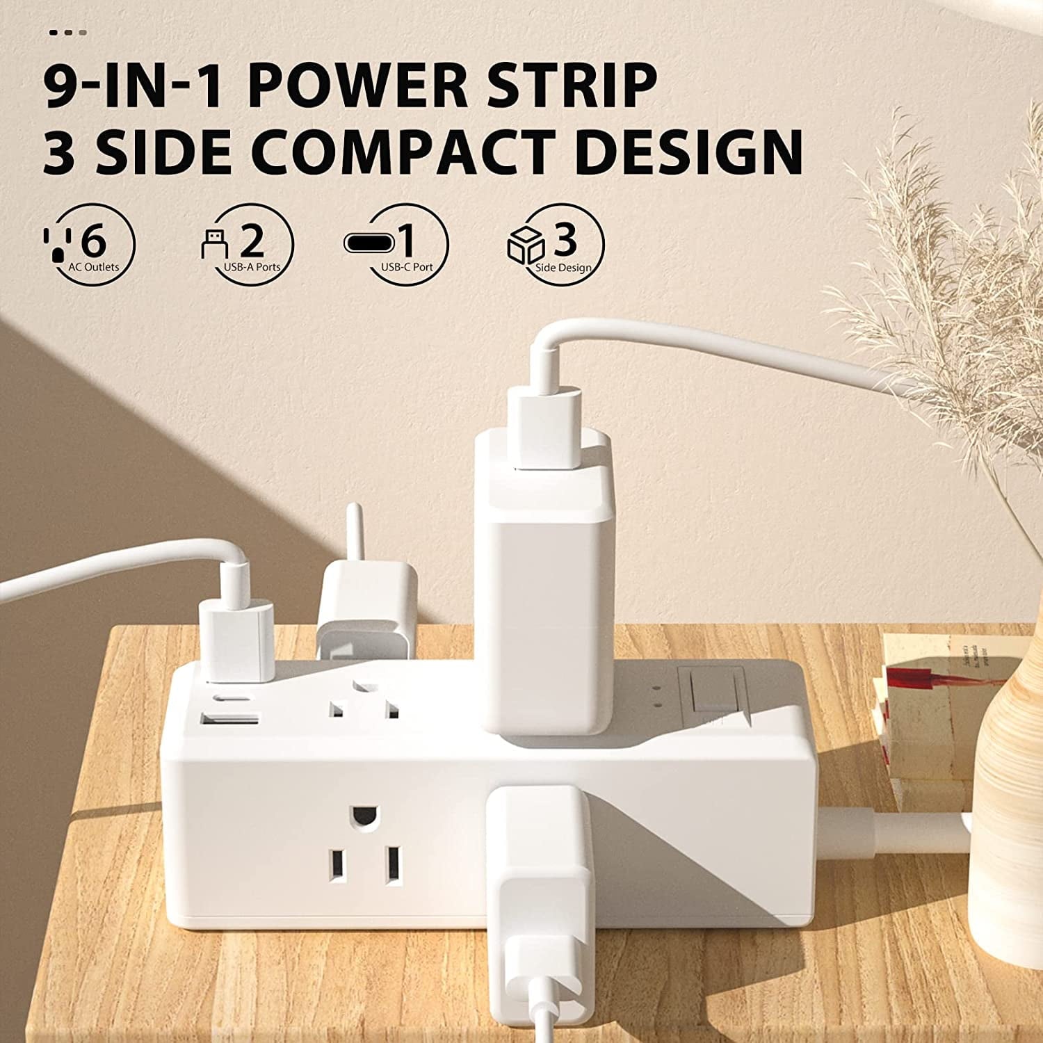 BN-LINK Surge Protector Power Strip with 6 Outlets 2 USB-A 1 USB-C (Total 3.4A), 3-Side Outlet Extender Strip with 5 Ft Extension Cord, Flat Plug, Desktop Charging Station for Travel, Home, Office