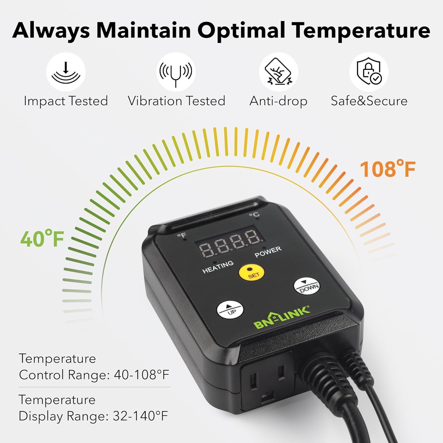 BN-LINK Digital Heat Mat Thermostat Temperature Controller for Seed Germination, Reptiles and Brewing Breeding Incubation Greenhouse, 40-108°F, 8.3A 1000W ETL Listed