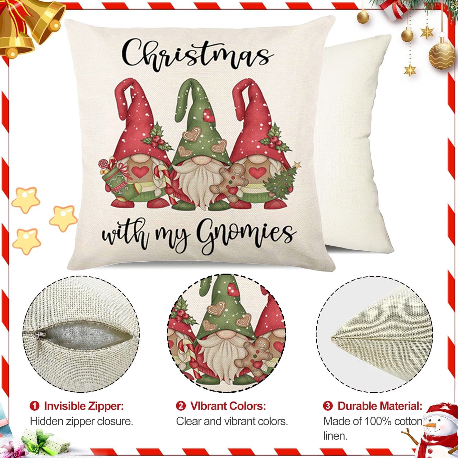 Behome Christmas Pillow Covers, 18 x 18 inch Set of 4 Christmas Decorative Throw Pillows Covers, Christmas Decorations Holiday White Pillow Cases for Couch Sofa