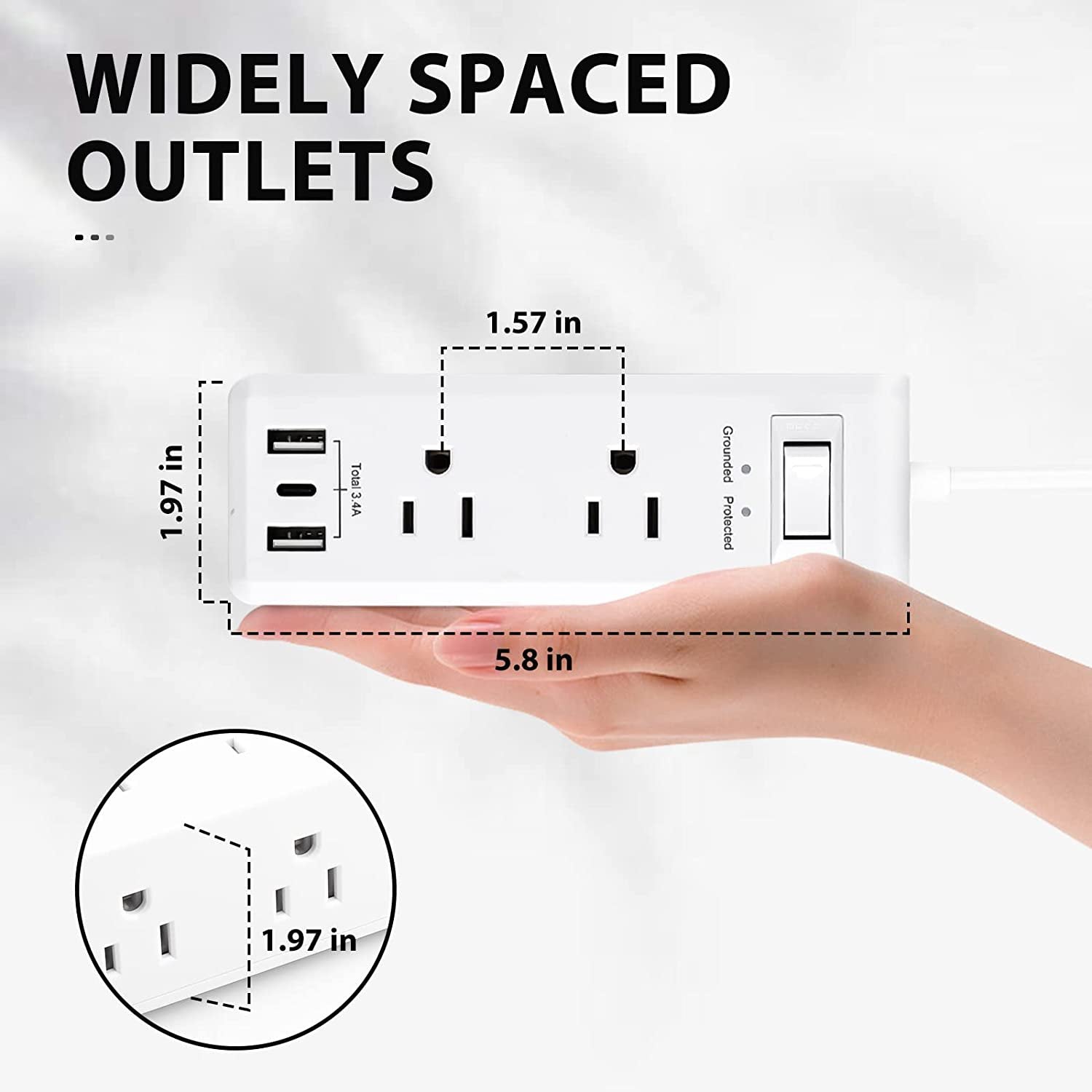 BN-LINK Surge Protector Power Strip with 6 Outlets 2 USB-A 1 USB-C (Total 3.4A), 3-Side Outlet Extender Strip with 5 Ft Extension Cord, Flat Plug, Desktop Charging Station for Travel, Home, Office