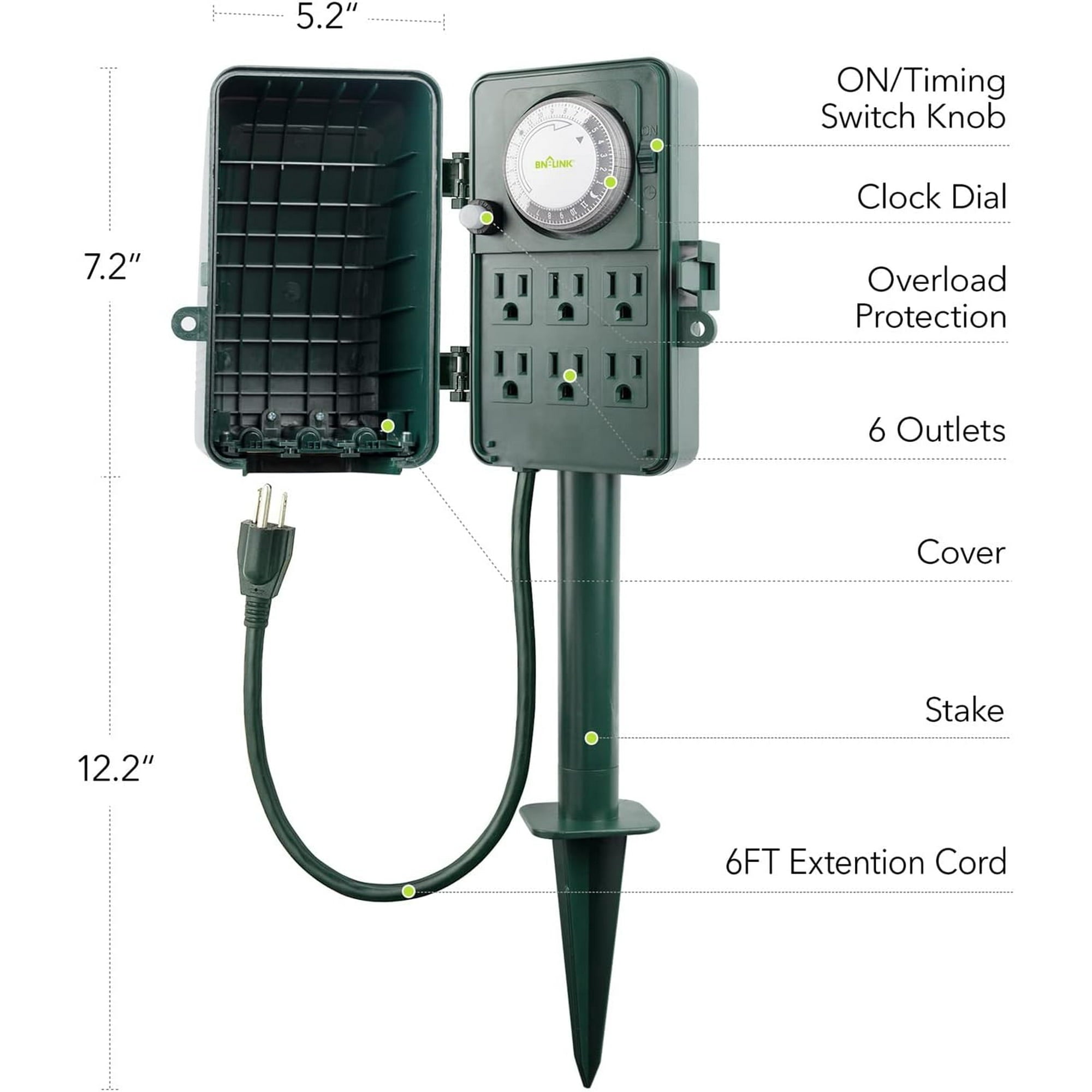 BN-LINK 24 Hour Mechanical Outdoor Multi Socket Timer, 6 Outlet Garden Power Stake with 6ft Cords, Outdoor Timers for Lights, ETL listed, 125V, 15A/1875W