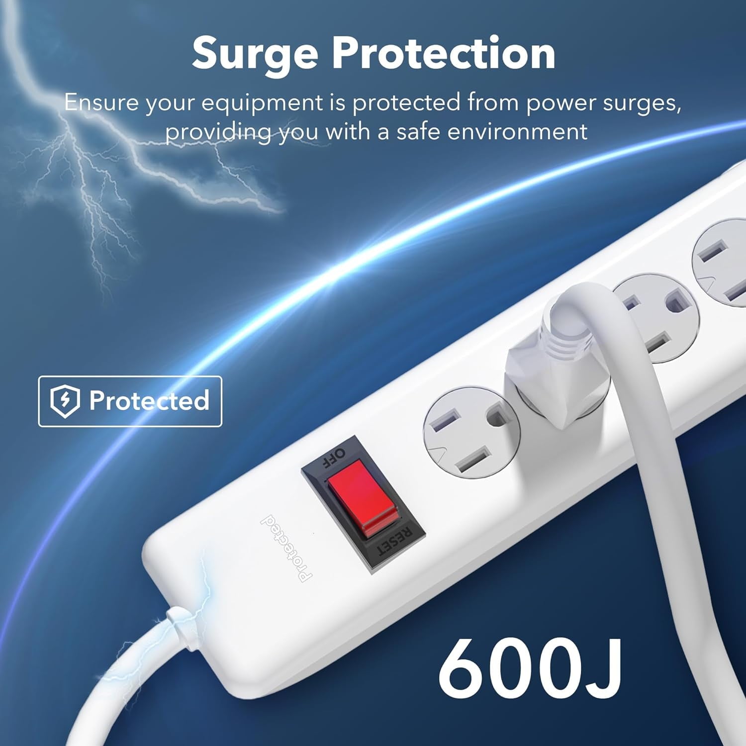 BN-LINK 6-Outlet Power Strip Surge Protector 2-Pack, 10-Foot Extension Cord, 600 Joules, Twist-to-Close Safety Covers, Flat Plug, Overload Protection, White