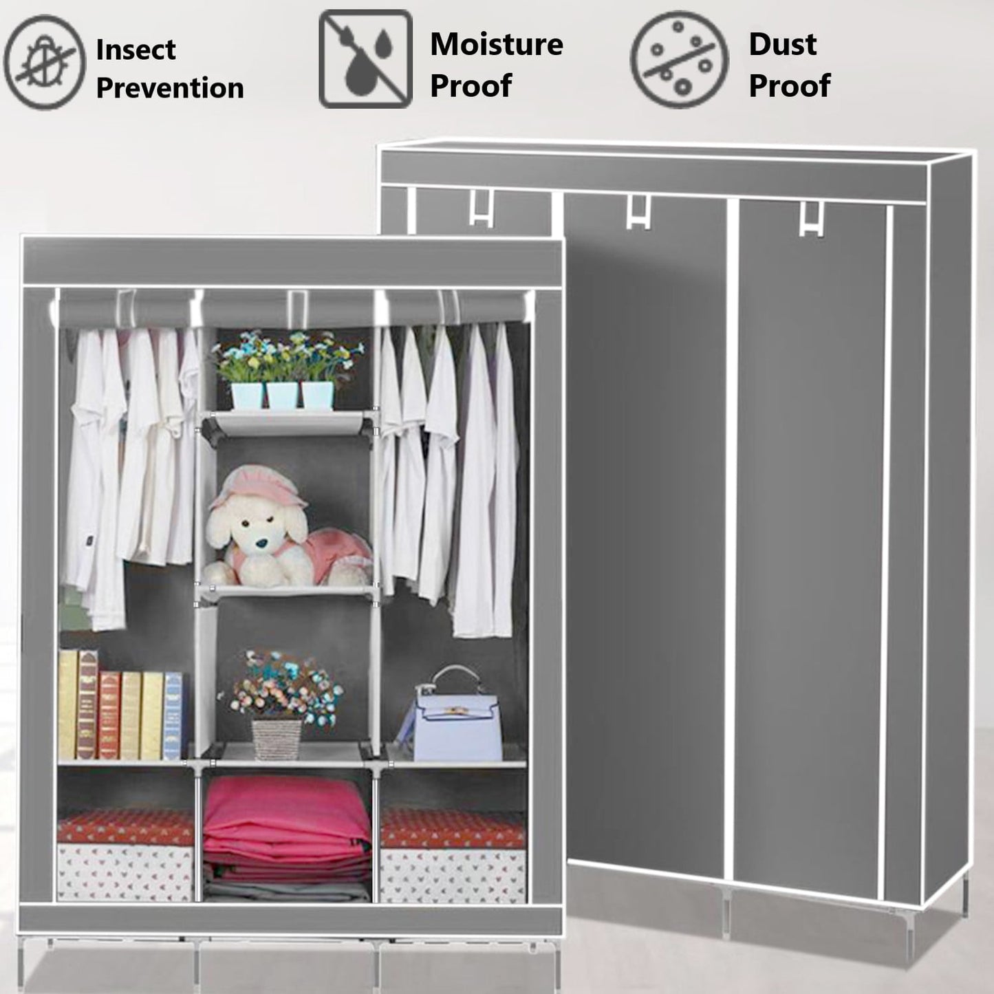 Behome Portable Closet Wardrobe, Wardrobe Closet Organizer with Non-Woven Fabric Cover, 8 Compartments, Large Clothes Storage Organizer, 51.2 x 17.7 x 67 Inches, Grey