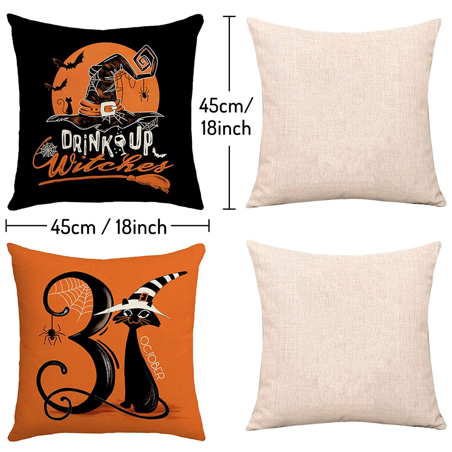 Behome 4 Pieces Halloween Pillow Case, 18 x 18 inch Orange and Black Pillow Cover, Happy Halloween Linen Decorative Cushion Covers for Home Halloween Decoration