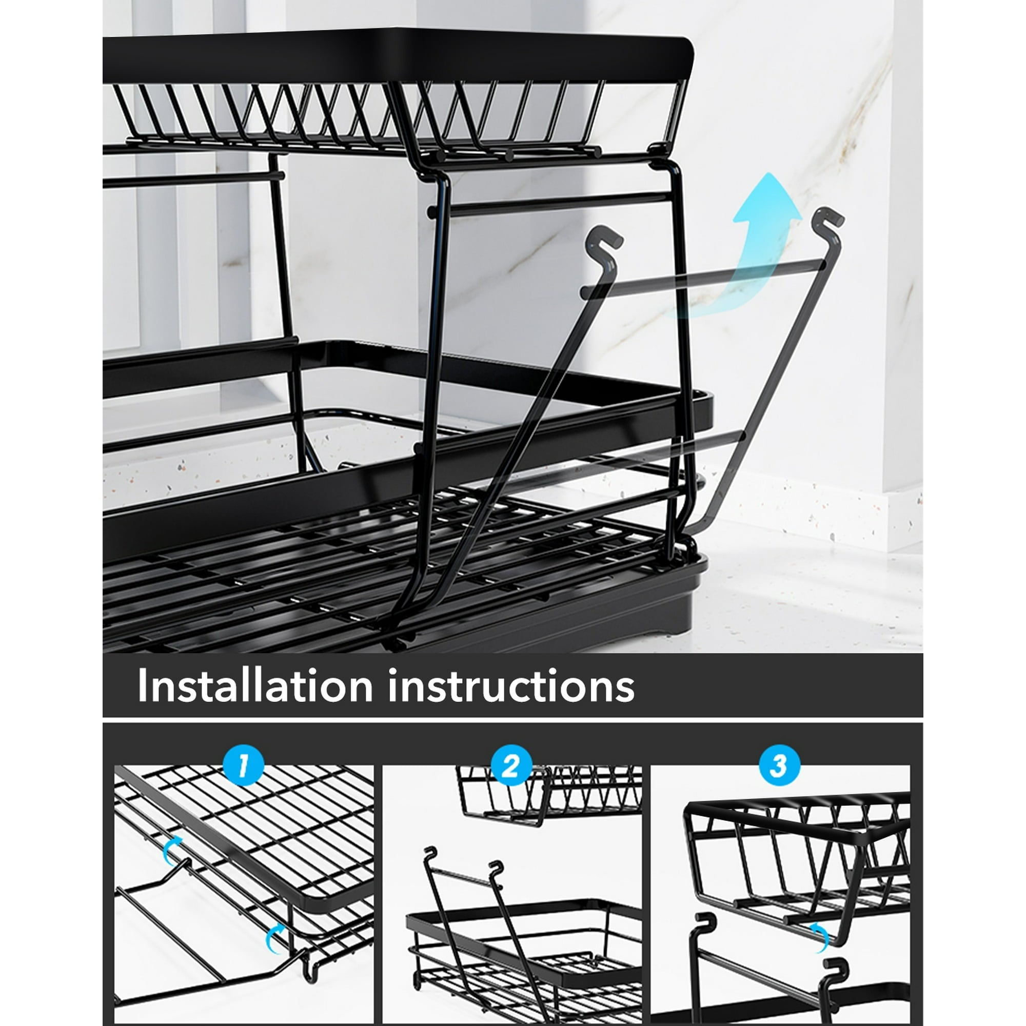 BN-LINK Dish Drying Rack, 2-Tier Dish Racks for Kitchen Counter, Dish Rack with Drainboard, Dish Drainer with Utensils Holder, for Dishes, Bowls, Cups, Knives, Forks, Black