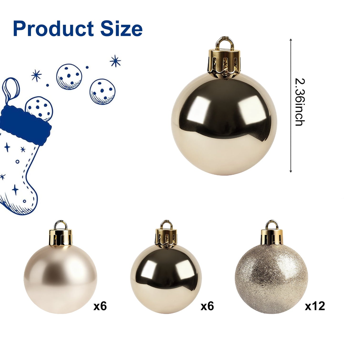 Behome 24 Packs Christmas Ball Ornaments, 2.36 Inches Plastic Hanging Xmas Balls Decorations for Xmas Tree, Holiday, Wedding, Party