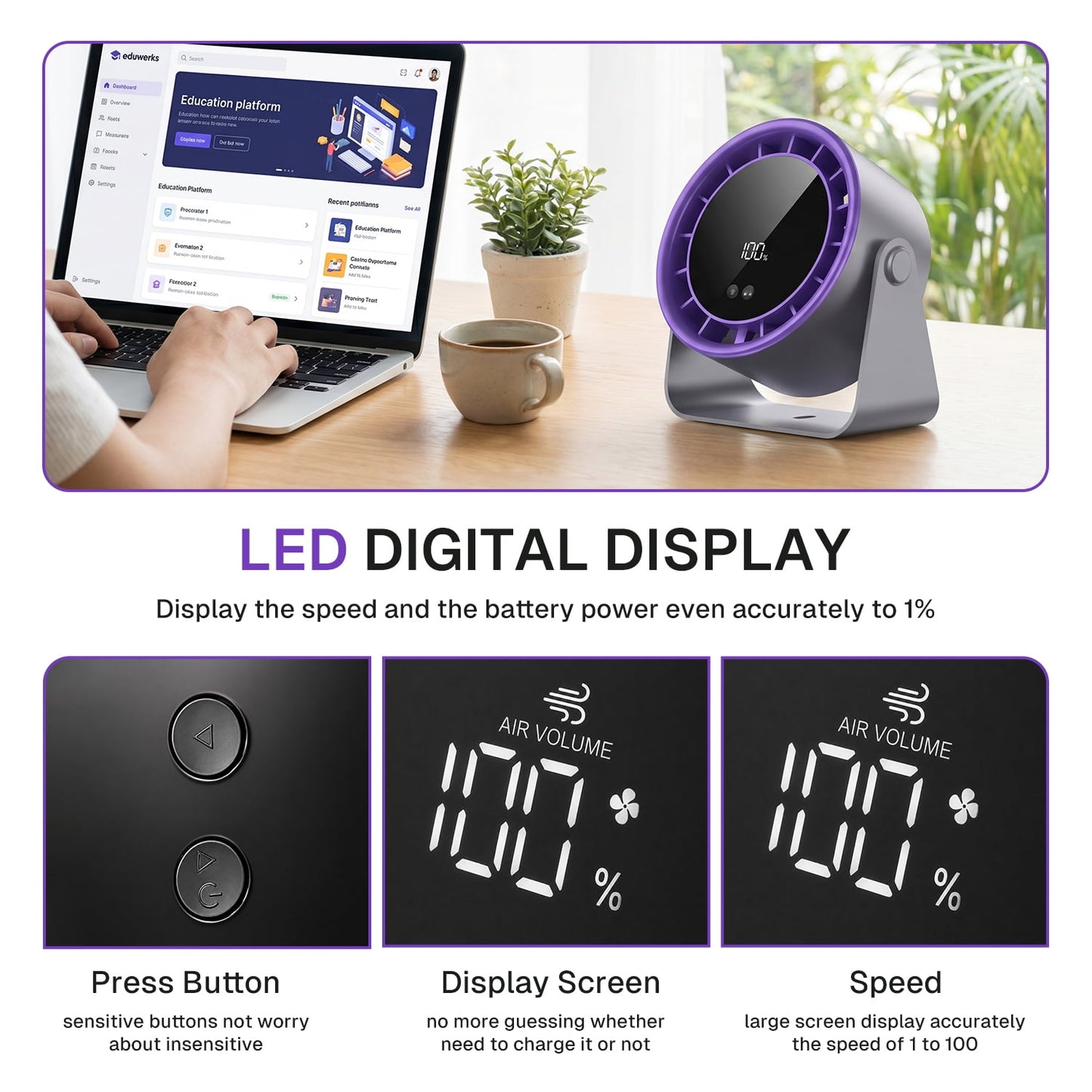 Behome Desk Fan, Small Table Fan with 5 Speeds Adjustable Strong Wind, Mini Desktop Fan with LED Display for Office, Home, Bedroom, kitchen, Black
