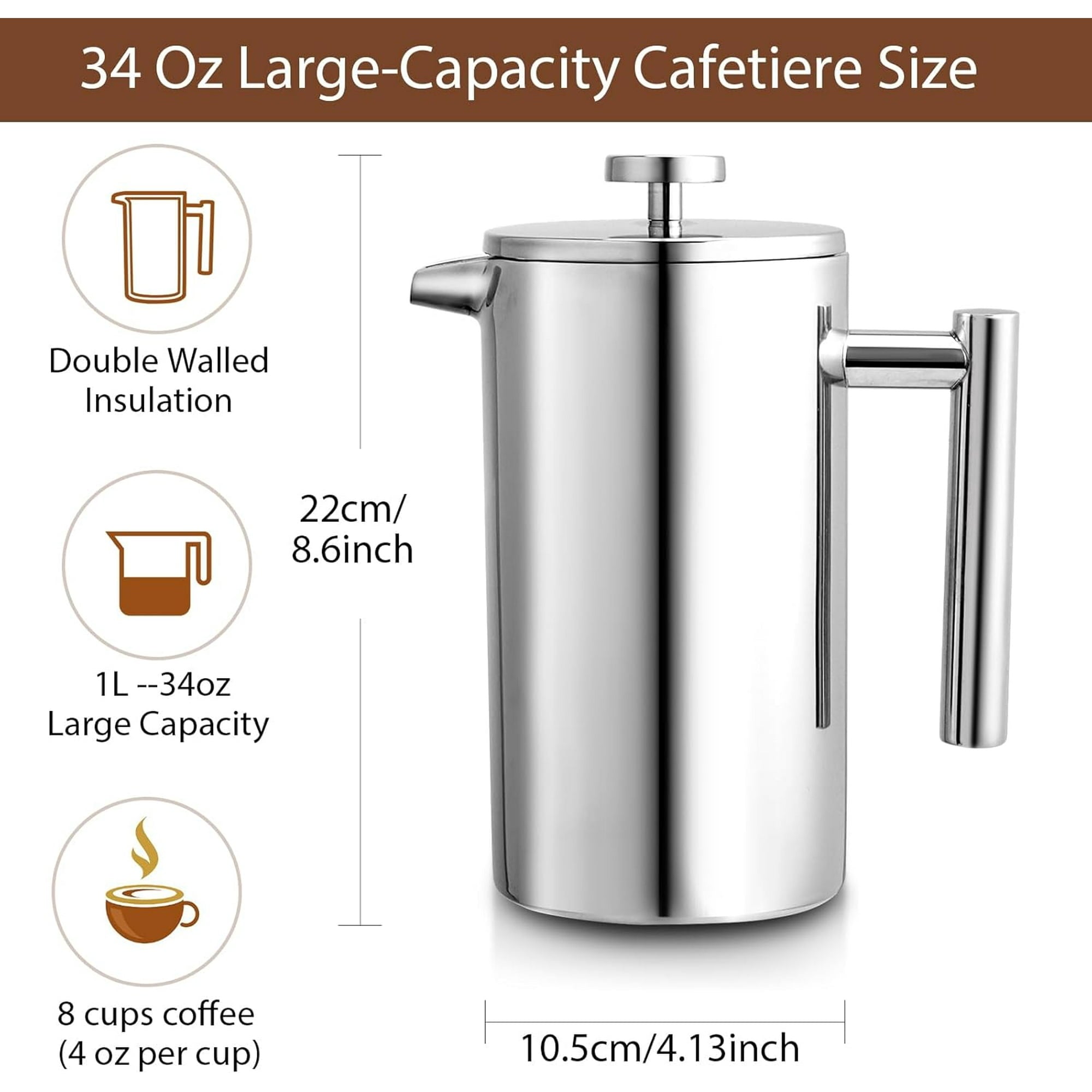 Behome French Press Coffee Maker, 34oz Stainless Steel French Press Coffee Maker, 3 Filtration & Double Wall Insulation, Rust-Free, Food Grade & Safe Coffee Pot